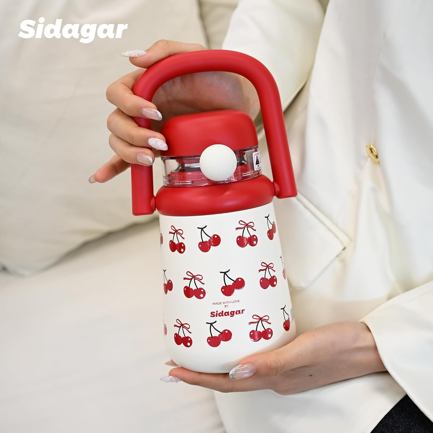 27 oz Insulated Tumbler with Flip Straw, Water Bottle with Handle and Lid, Kids Stainless Steel Vacuum Travel Mug, Leak-Proof, Cute Cups for Women School Birthday Gift, Cherry - Image 3