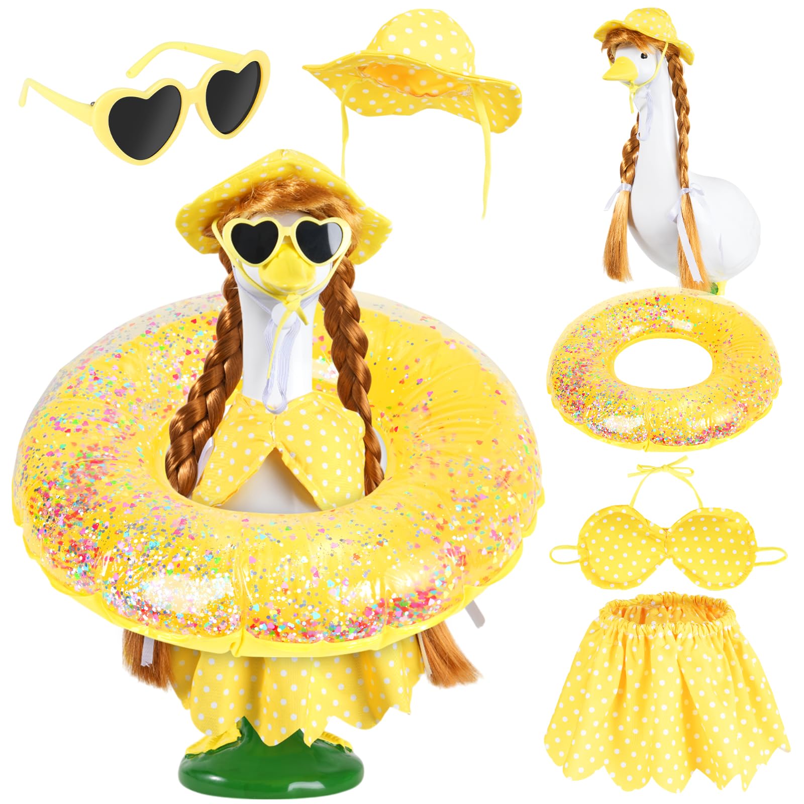 linastu Hawaiian Porch Goose Outfits with Braid Wig Set, Bikini Goose Clothes – Fits 23” Porch Goose Statue, Outdoor Patio Yard & Lawn Decoration