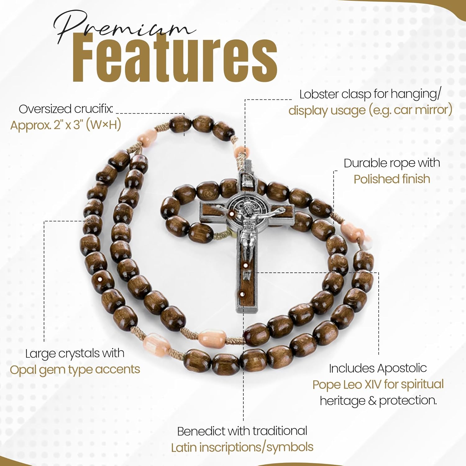 SANCTUM VERITAS Catholic Rosary Necklace | Large Bead Italian Rosary, Christian Prayer Beads for Car Mirror Decor, First Communion Religious Gift for Men and Women, Catholic Keepsake (Walnut Wood) - Image 4