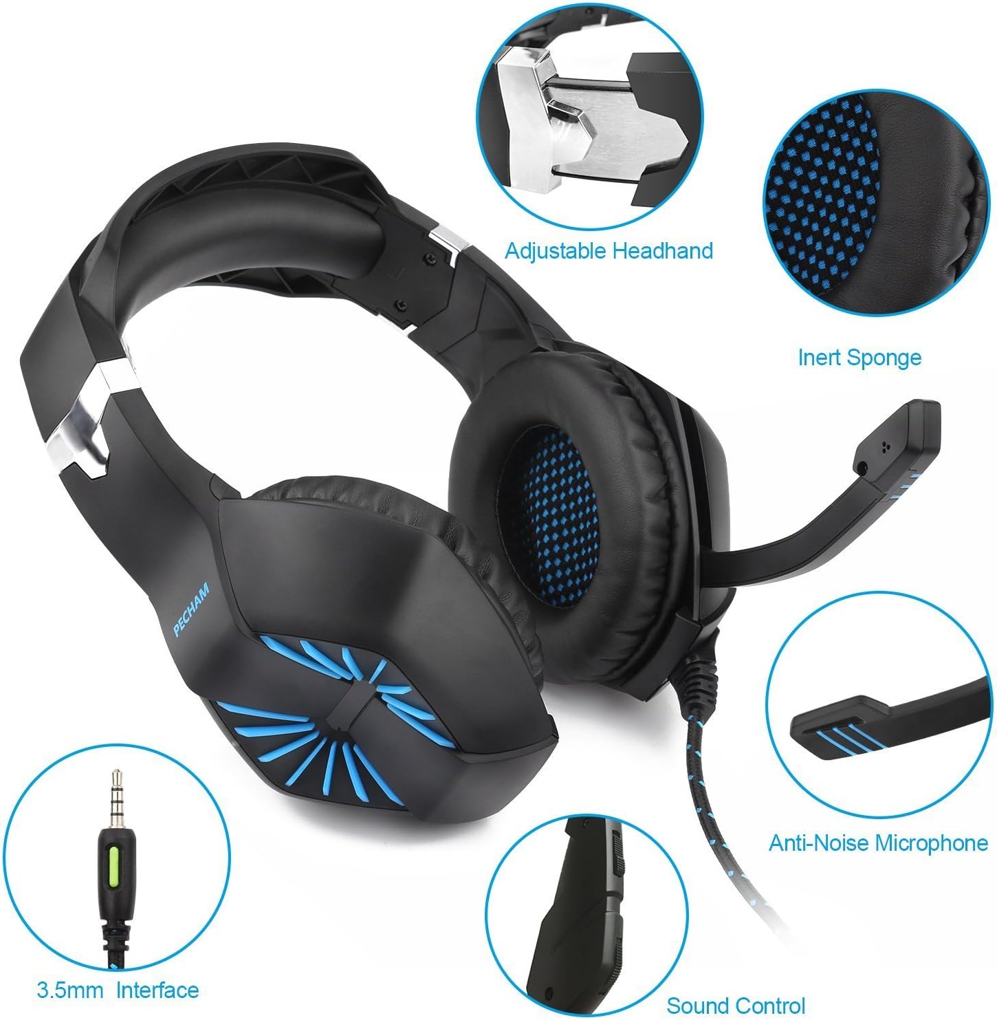 PECHAM Gaming Headset with Mic for Xbox One, PS4,Nintendo Switch, PC - Surround Sound, Noise Reduction Game Earphone - Easy Volume Control - 3.5MM Jack for Smart Phone, Laptops, Computer(Blue)