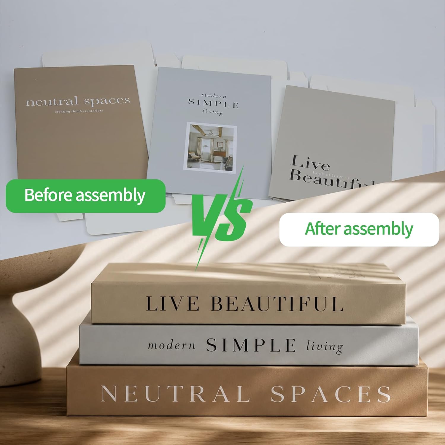 3 PCS Faux Decorative Books for Home Decor-Coffee Table Books Decor-Aesthetic Fake/Faux Books for Decoration,libros Decoration for Coffee Table, Shelf Accessories (Neutral spaccs Simple Live)