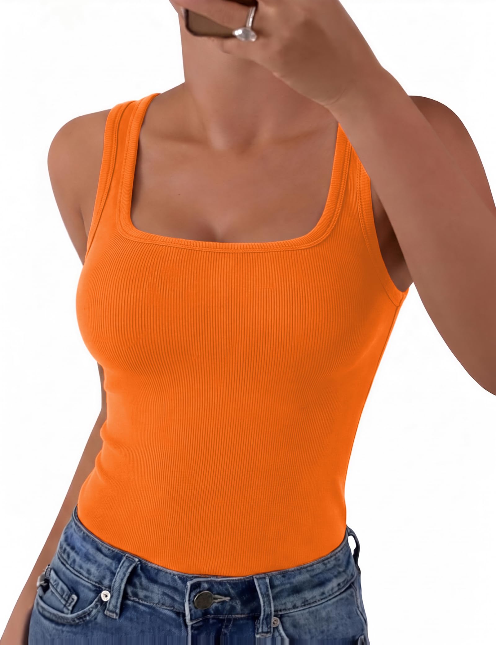Aottori Camiseta sin Mangas Mujer Verano Cuello Cuadrado Tops Ajustado Elástico Camisetas Tirantes Elegante Punto Tank Top Sólido Básica Chalecos Top — view 10