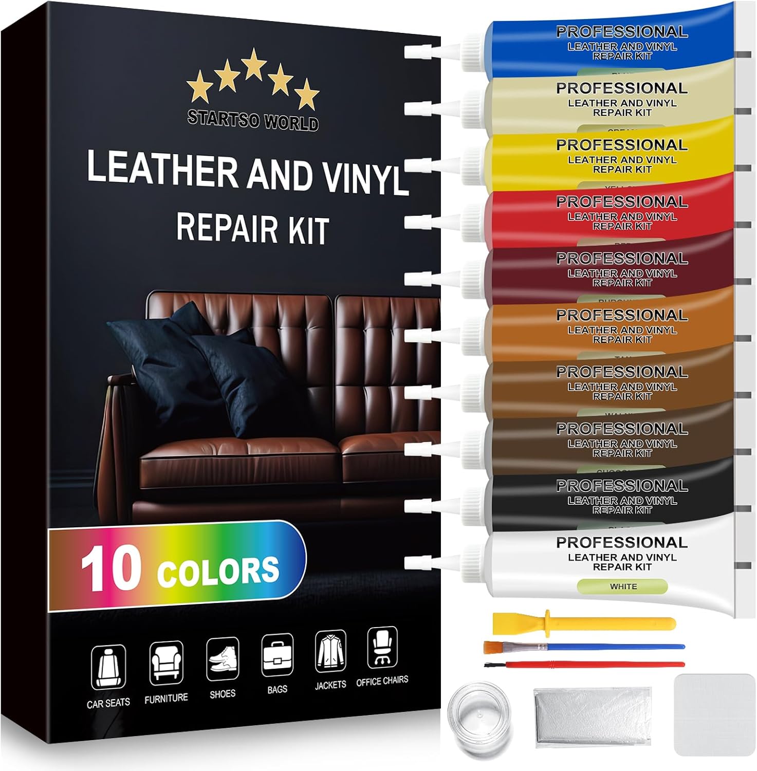 STARTSO WORLD Leather Repair Kit for Furniture, Leather Couch Repair Kit for Sofa, Jacket, Car Seats and Purse with Super Easy Instructions, Restores Any Material, Bonded, Pleather, Genuine