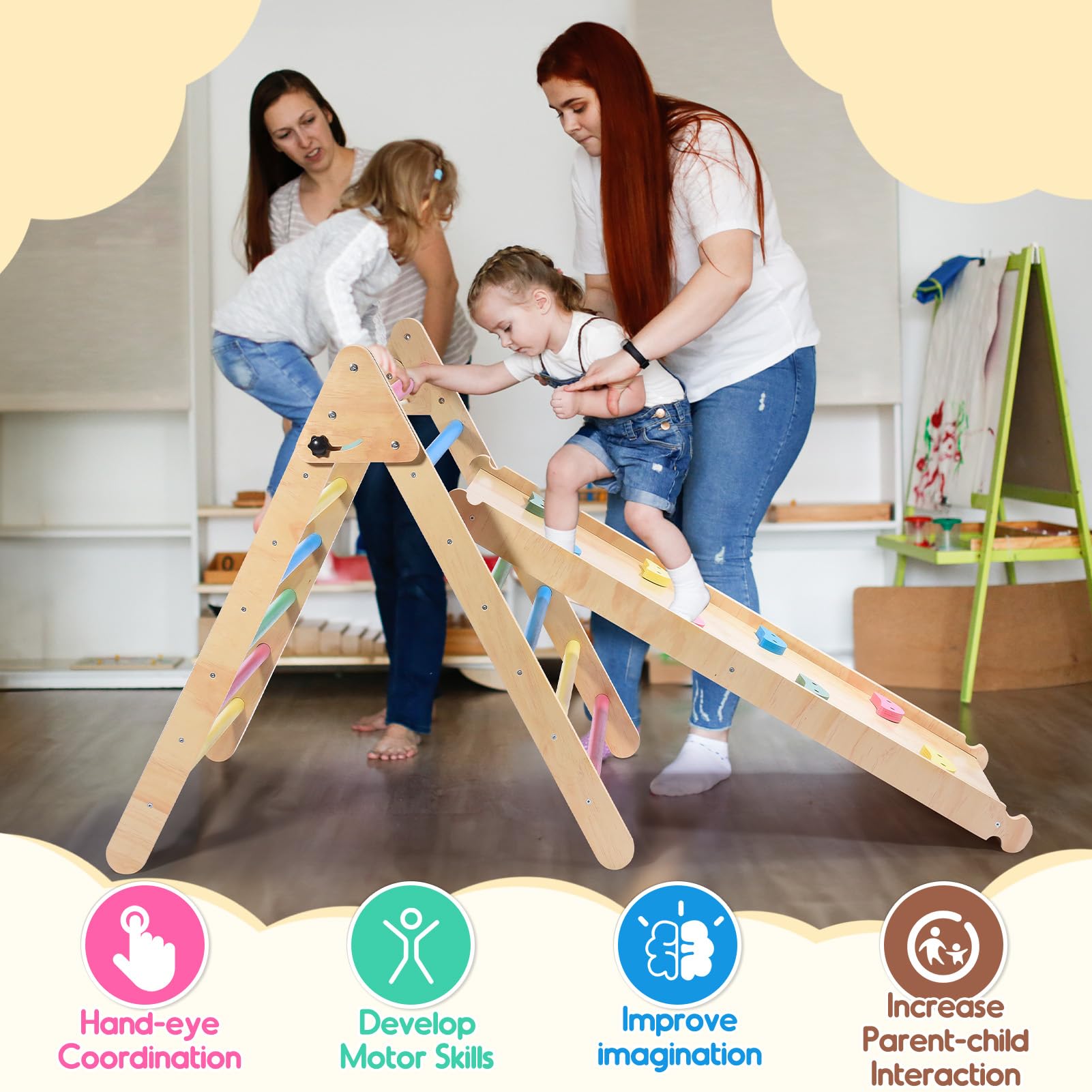 Naxudcoo Montessori Klettergerüst, 5-in-1 kletterdreieck Indoor mit Kletterbogen und Rutsche, Holz Klettergerüst für Kinder ab 1 2 Jahr