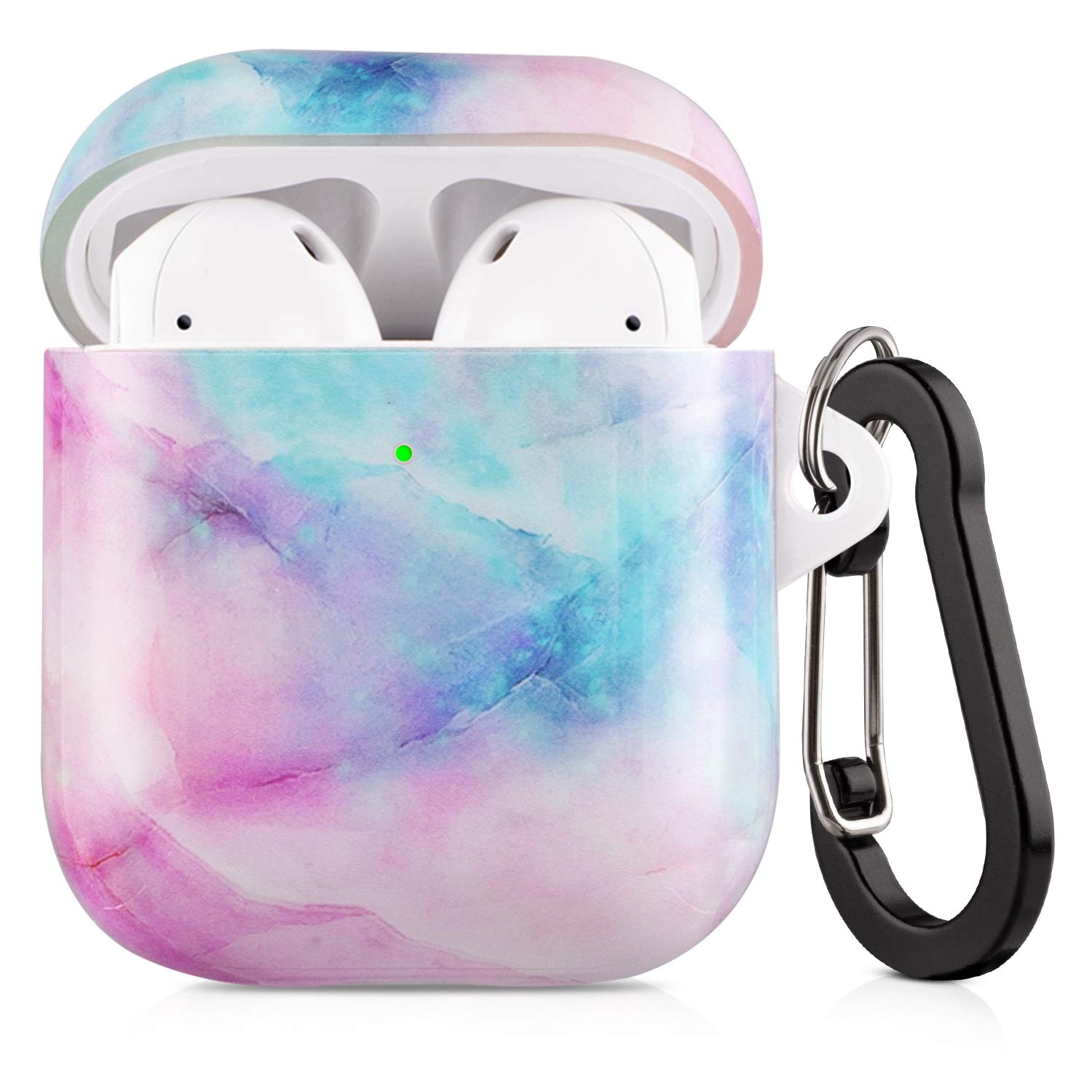 Lokigo AirPods Case Protective Cover Compatible with Apple AirPods 2 and 1 Hard Case Kits with Keychain/Strap/Earhooks/Watch Band Holder for Girls Women Men (Powder Blue Marble)