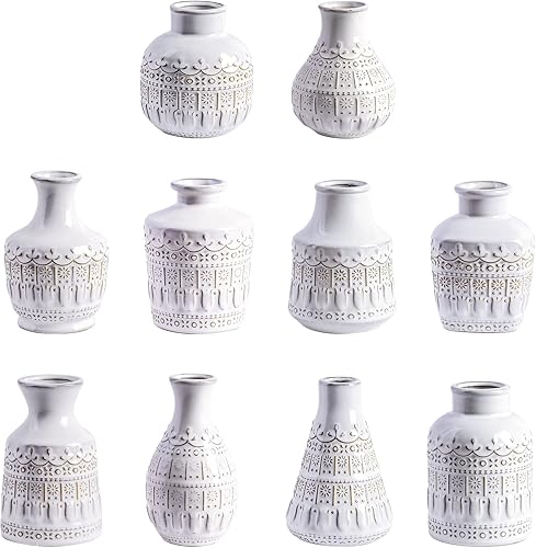 Yundu Juego de 10 jarrones de cerámica blanca, jarrones pequeños para flores, jarrones vintage para centros de mesa, decoraciones de mesa para bodas