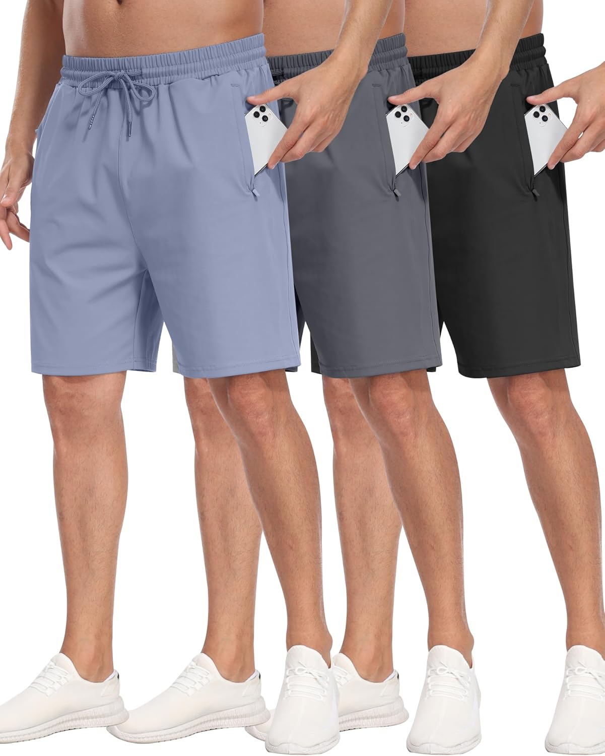 PARISDIARY 3 Pack Men's Athletic Running Shorts with Zipper Pockets,Gym Workout Basketball Hiking Shorts for Men