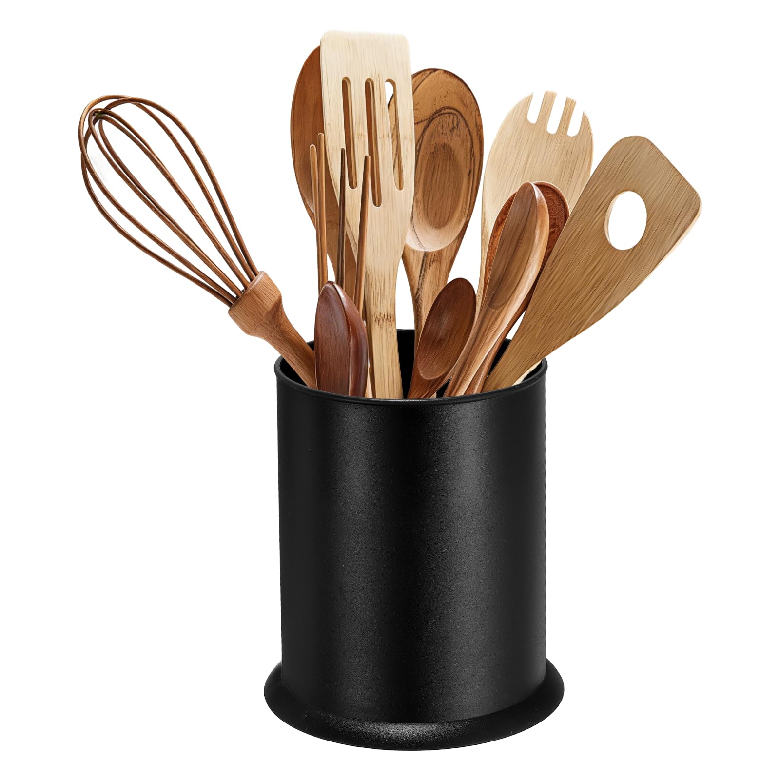 sourcing map Kitchen Utensil Holder, 5.7x6.5 Plastic Utensil Cutlery Holder Round Flatware Organizer with Drain Hole for Kitchen Restaurant Countertop Straw, Spoon, Chopstick, Black
