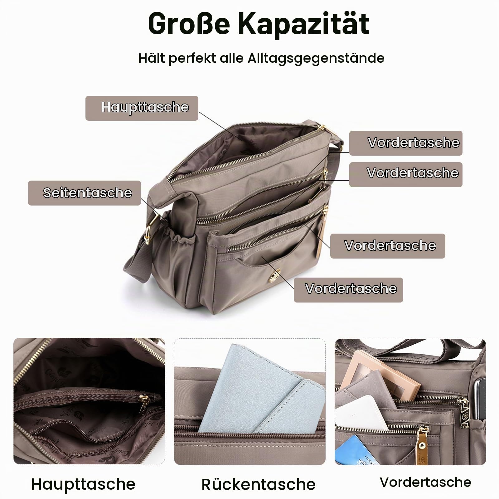 FANDARE Ultraleicht Damen Umhängetasche Nylon Schultertasche Handtaschen Elegant Umhängetasche mit verstellbarem breitem Riemen Frauen zum Umhängen Damentasche Multi-Tasche Messenger Bag Grün