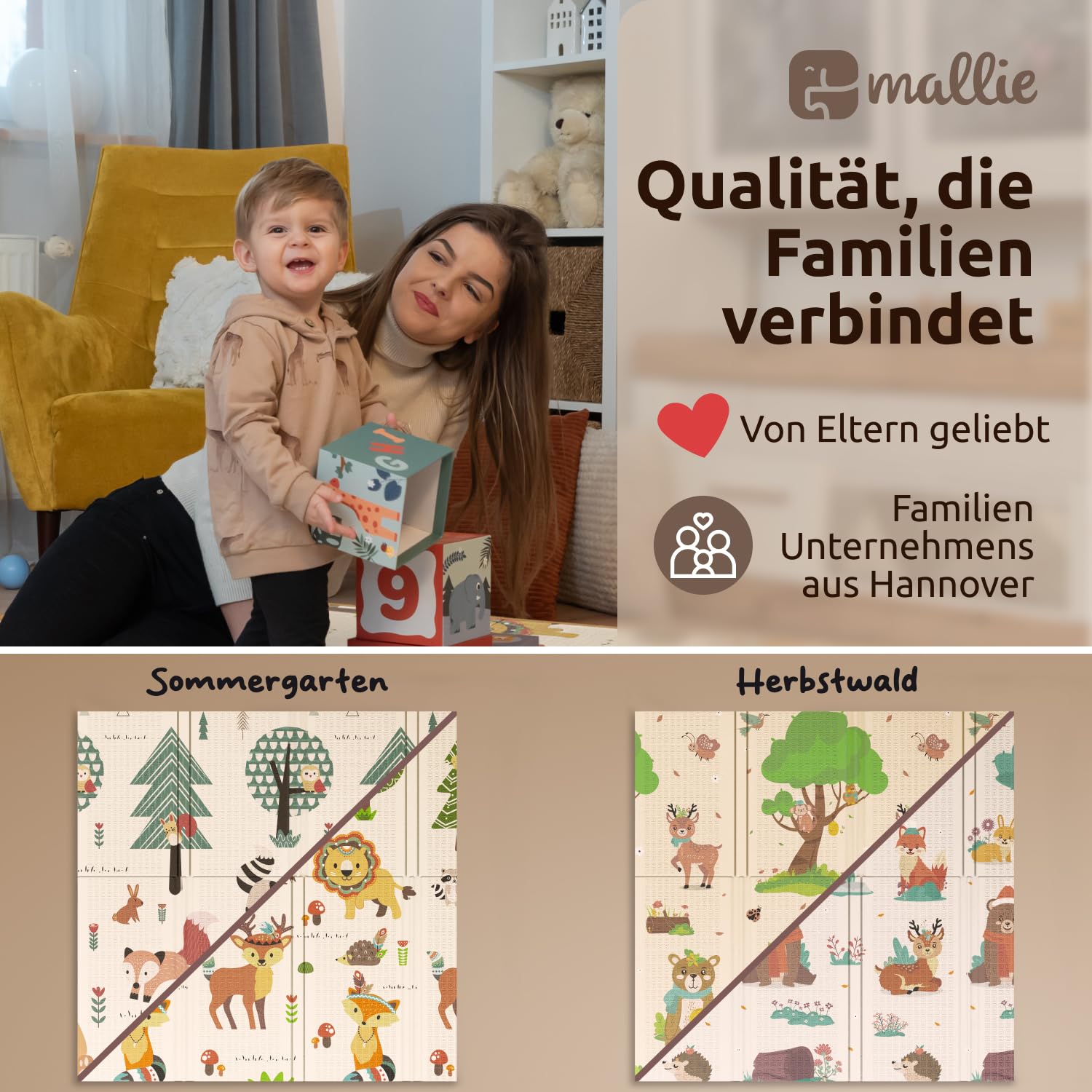 Mallie® Spielmatte Baby Faltbar 120x120x1cm [100% BPA- und Schadstoff-Frei] Doppelseitige Krabbelmatte Baby, Krabbeldecke Baby I Baby Play Mat, Spielmatte Baby Faltbar