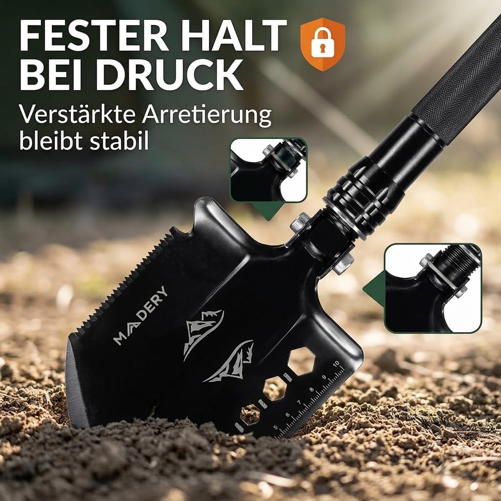 Klappspaten 11-in-1 Edelstahl Survival Schaufel | mit Tasche, für Camping, Auto & Garten, Geschenkidee für Männer