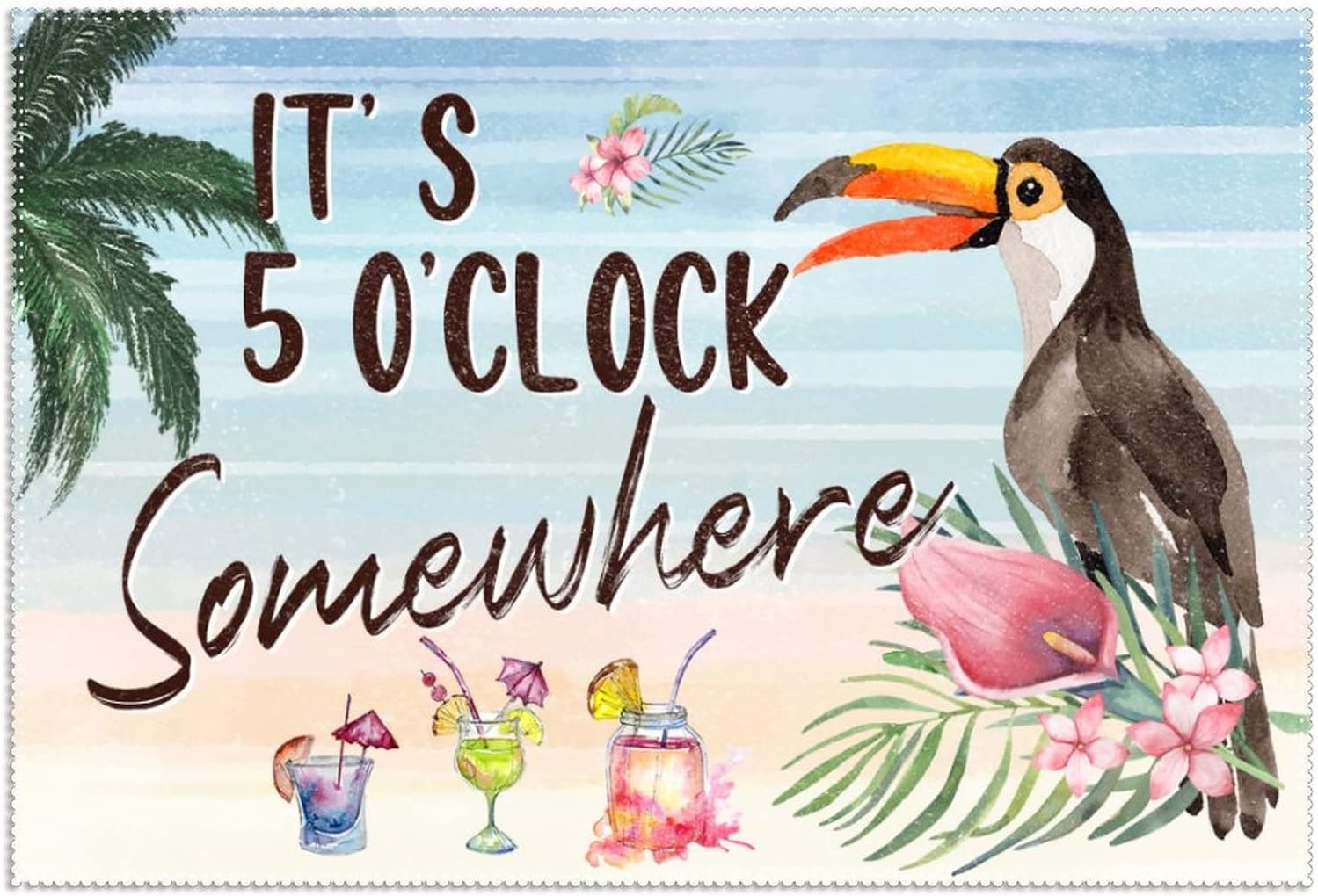 It's 5 O'Clock Somewhere Parrot Flowers Palm Placemats Set of 6 Decorative PVC Place Mat for Kitchen Dining Table Macaw Parrot Floral Washable Place Mats Heat-Resistant Non-Slip Table Mats