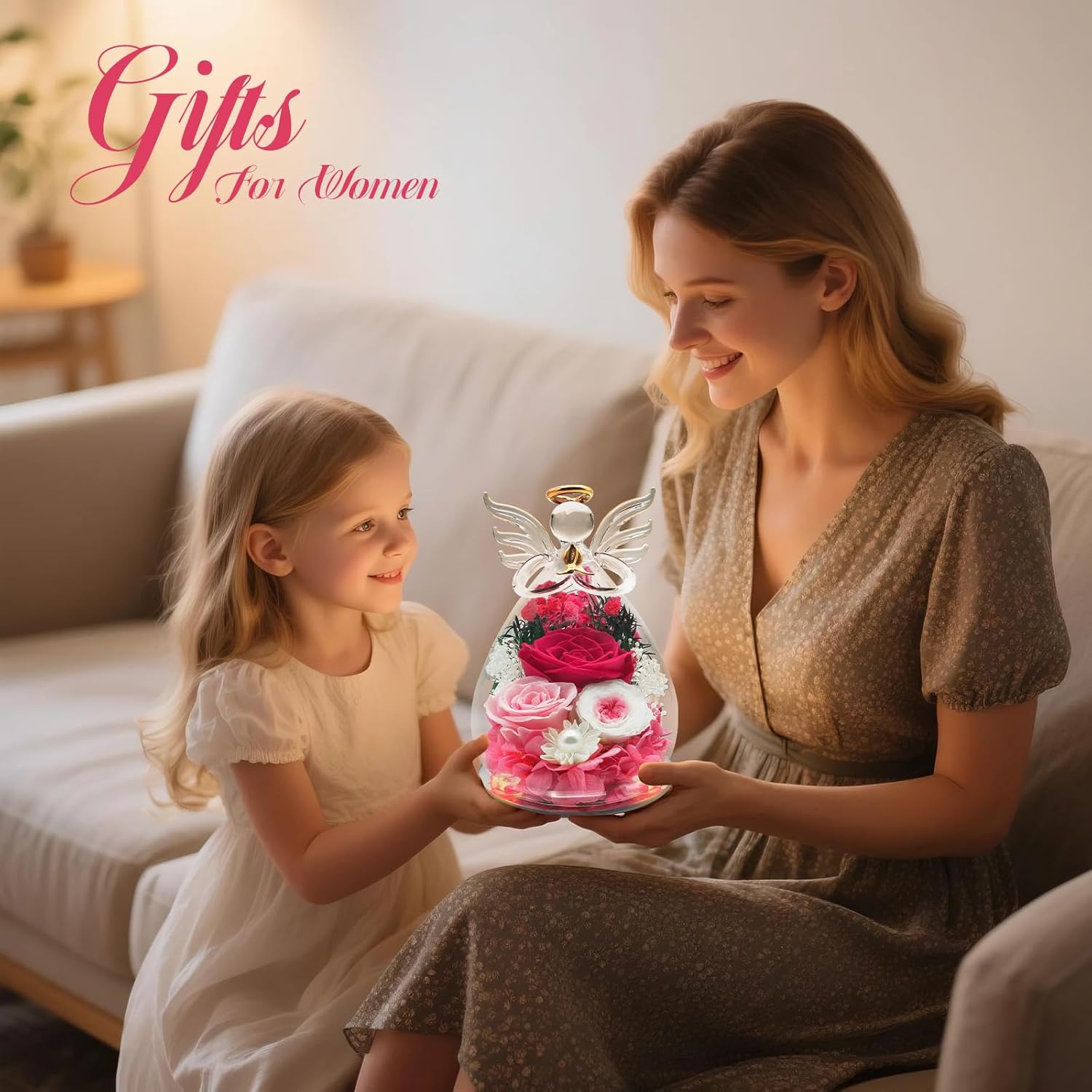 Birthday Gifts for Women Preserved Flowers in Glass Angel Figurines Forever Fresh Flowers for Delivery Prime Preserved Rose Gifts for Her Real Pink Rose for Mom Wife Sister Grandma on Anniversary - Image 3