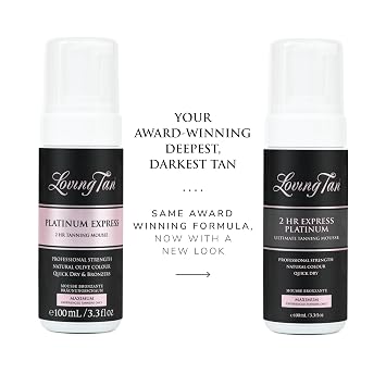 Loving Tan Platinum 2HR Express Self Tanning Mousse, Darkest Shade -Streak Free, Professional Quality Sunless Tanner -5+ Applications per Bottle, Naturally Derived DHA -3.3 Fl Oz -Packaging May Vary