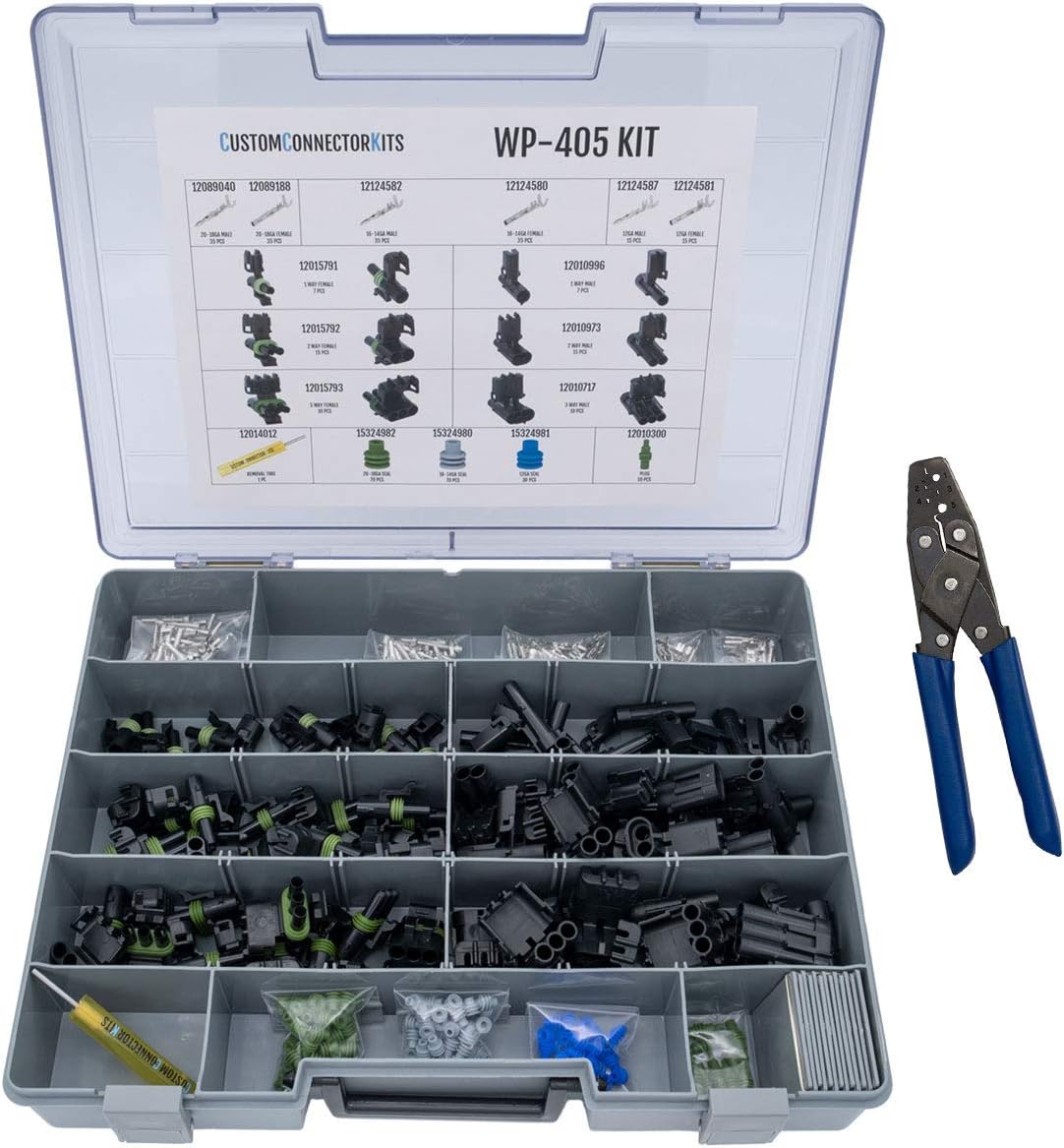 Connector Kit WP-405 with T-18: 1, 2, and 3 Way Sealed Weatherproof Automotive Electrical Connectors 20-12 Gauge 405 Piece Kit With T-18 Crimp Tool
