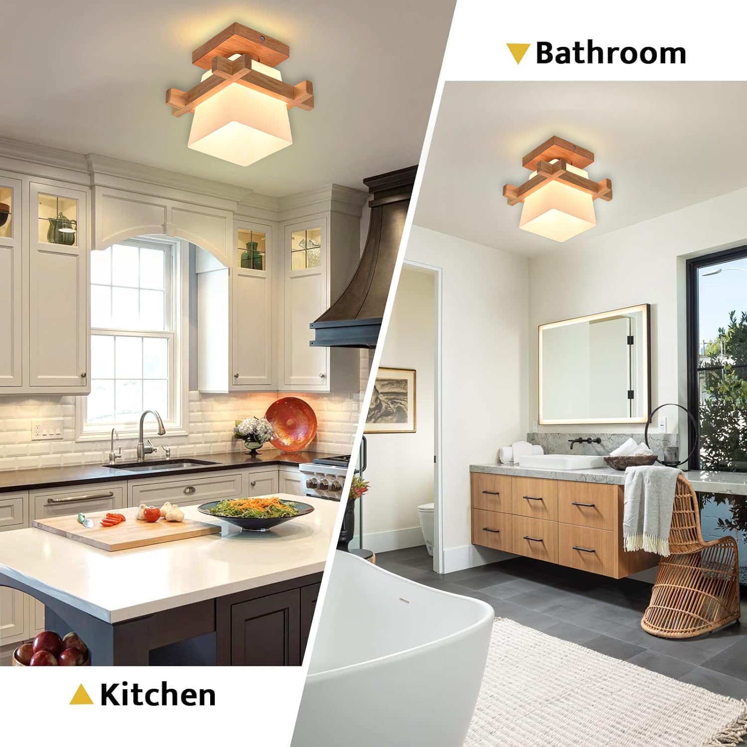 Plafón Madera Moderno con Bombilla LED Detector de Movimiento 3000K Lámpara de Techo Creativo Plafón E27 Vidrio Luces con Bombilla Sensor Crepuscular para Sótano Escalera Salida Corredor Cocina Balcón