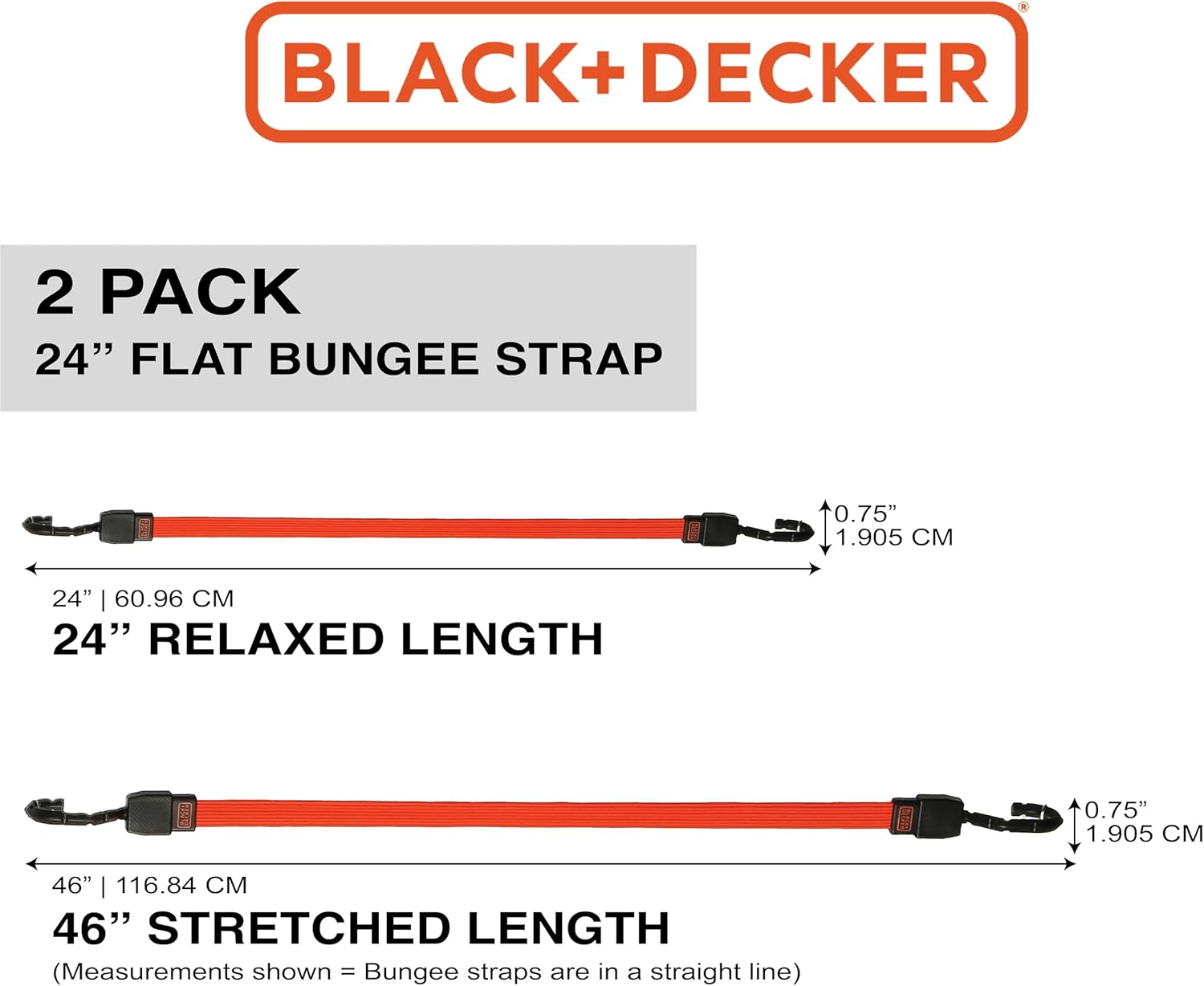 BLACK+DECKER BDX1010 Black/Orange 24" Flat Bungee Cord Straps, 2 Pack
