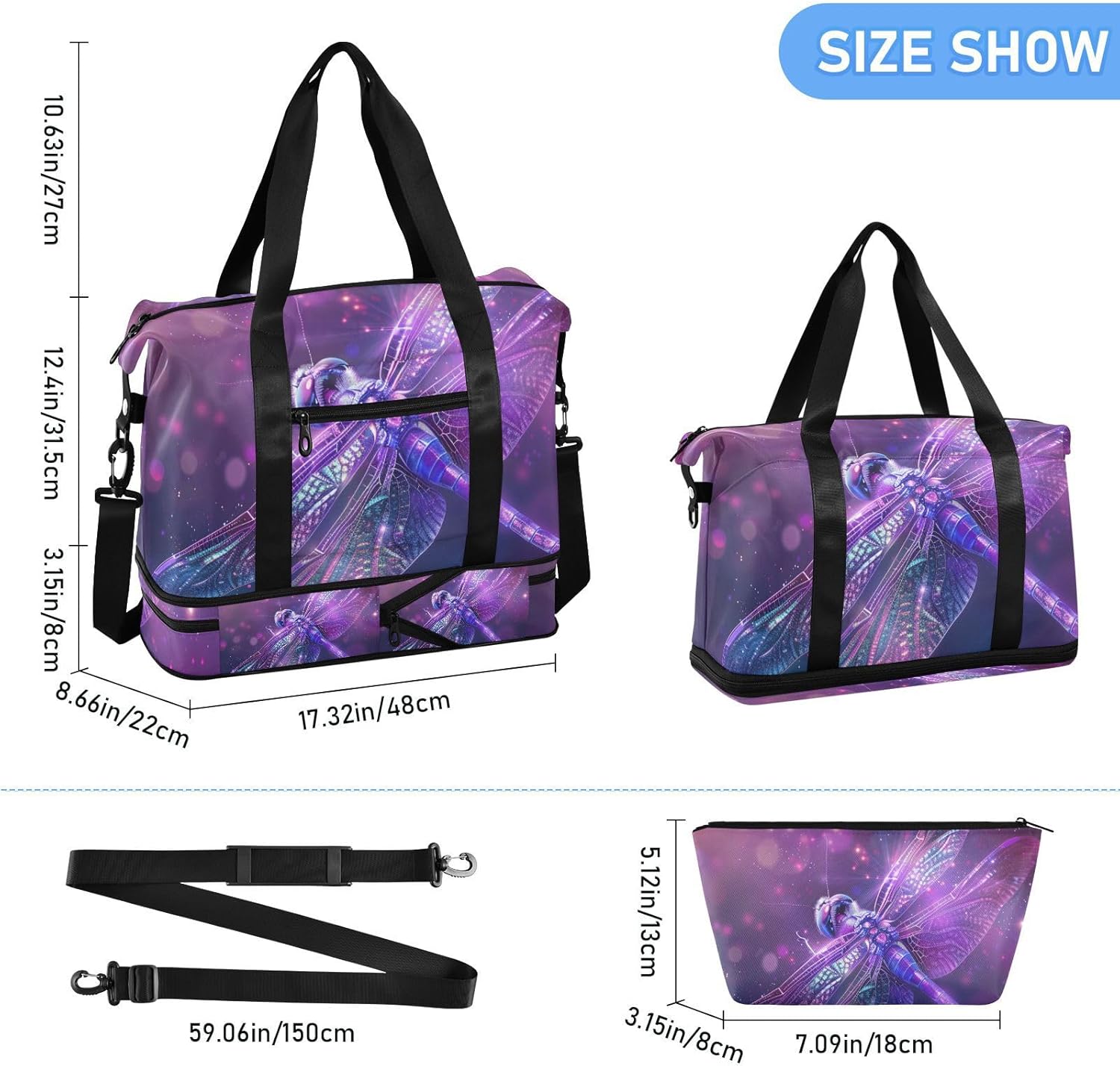 Weekender Bag for Women, Dragonfly Purple Sparkle Magical Gym Sports Duffle Travel Swim Tote with Toiletry Bag Shoes Compartment Dry/Wet Separation