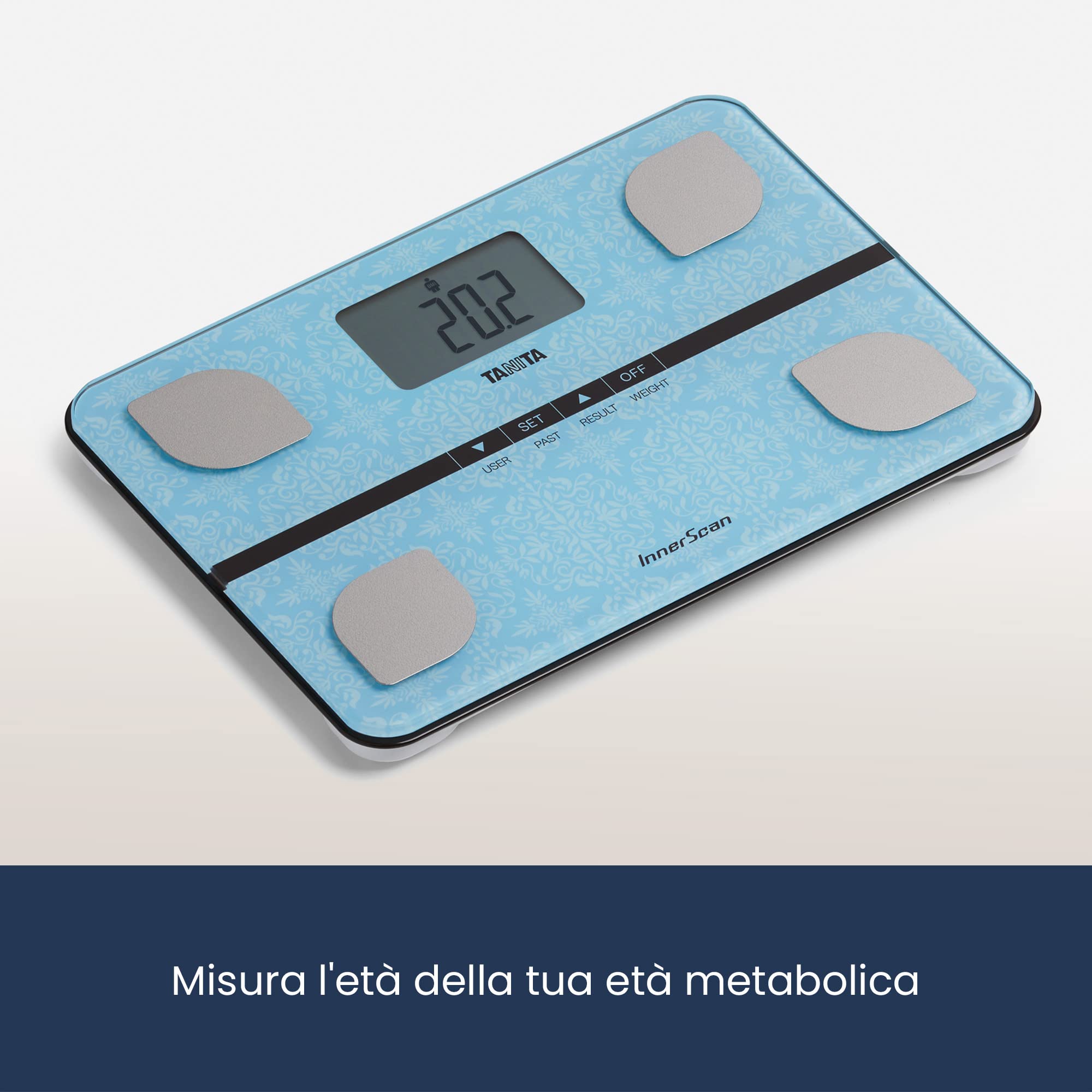 Tanita BC-732 bilancia intelligente per peso corporeo e grasso – Bilancia pesapersone digitale con design compatto in vetro, bilancia multiutente con display LCD, azzurro chiaro con motivo paisley