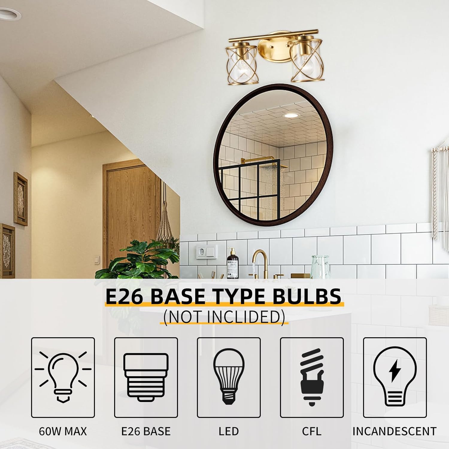 mavcadonf 2-Lights Bathroom Vanity Lights, Bathroom Light Fixtures Over Mirror, Brushed Gold Vanity Light, Farmhouse Wall Lights with Clear Glass Shade, Bathroom Wall Lamp for Mirror Kitchen Bedroom