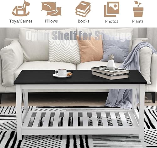 Miniatura 3 de Farmhouse Coffee Table, Black and White Coffee Table for Living Room, 2-Tier Rectangular Wooden Centre Cocktail Table with Slats Shelf Storage and