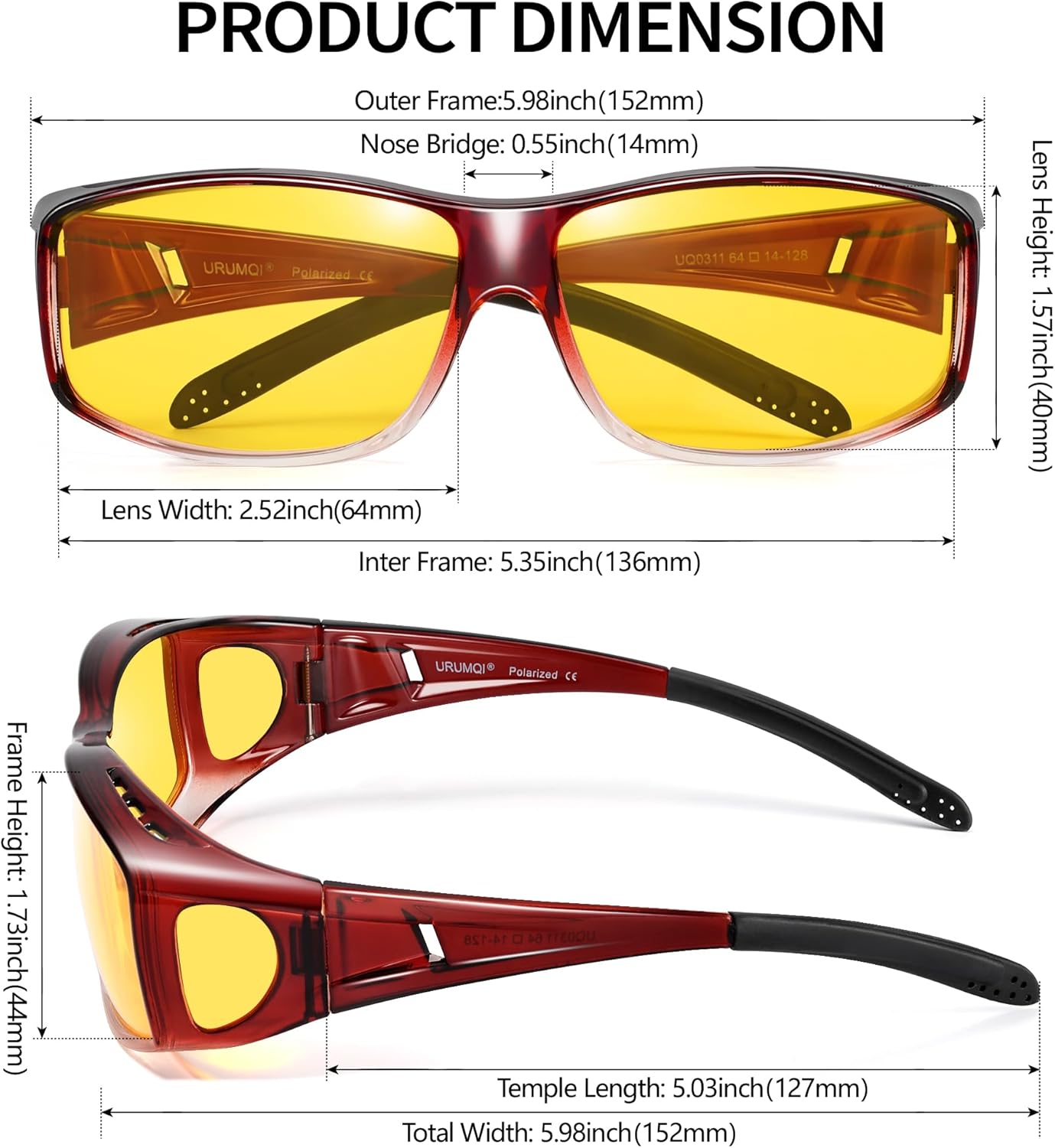 URUMQI Night Vision Driving Glasses Fit Over Eyeglasses for Men Women, Anti Glare Polarized Nighttime Glasses Yellow Lens - Image 2