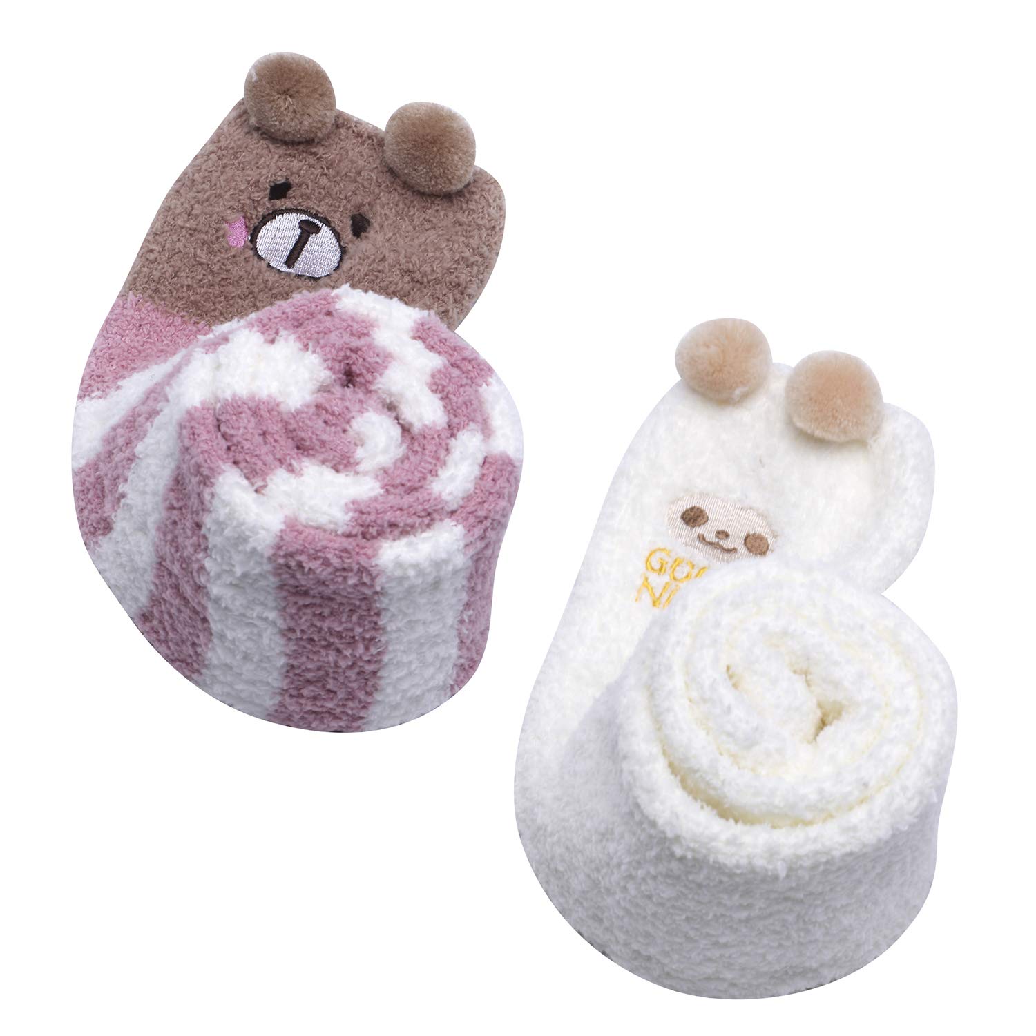 Littleforbig Women's Brown-White Cute Animal Coral Fleece Thigh High Long Striped Socks 2 Pairs-Brown/White