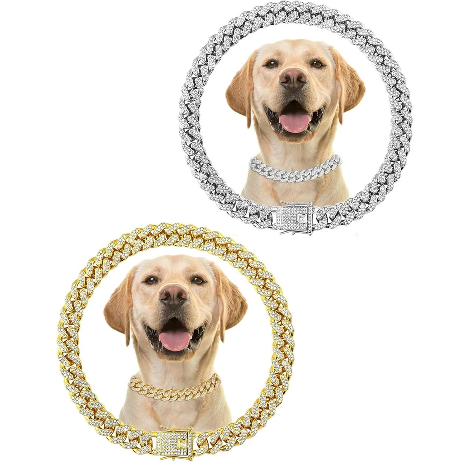 2 Pcs Diamond Cuban Cat Chain Collar 20cm Exquisite Metal Cat Necklace Studded with Rhinestones, Puppy Chain Collar for Pet Jewelry Accessories