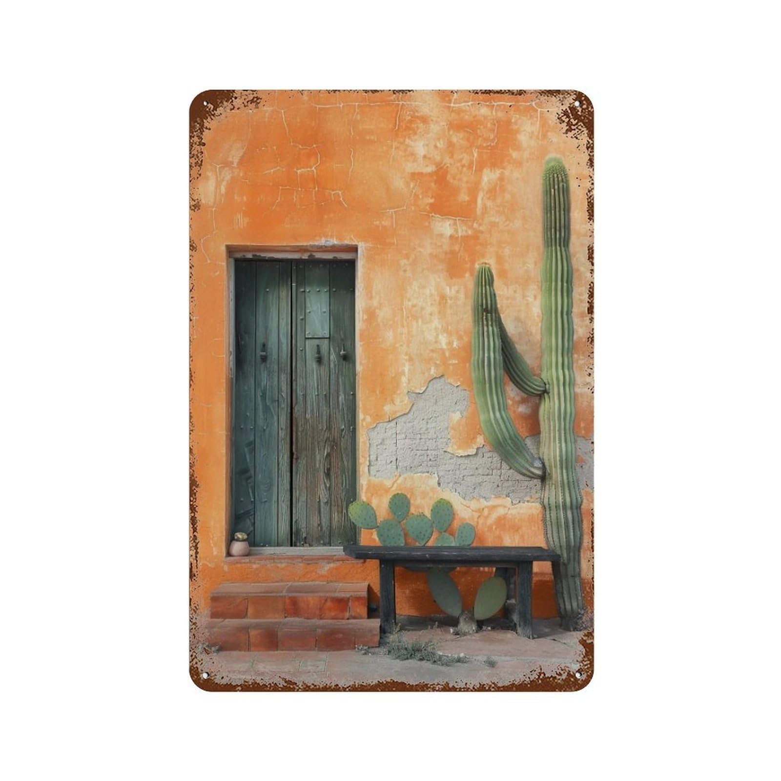 WIHYRTUI Contrast Terracotta Wall Saguaro Courtyard 03 Wall Retro Iron Metal Tin Sign Vintage Art Poster Modern Home Cofffee Club Art Bar Shop Decor Style 30x20cm
