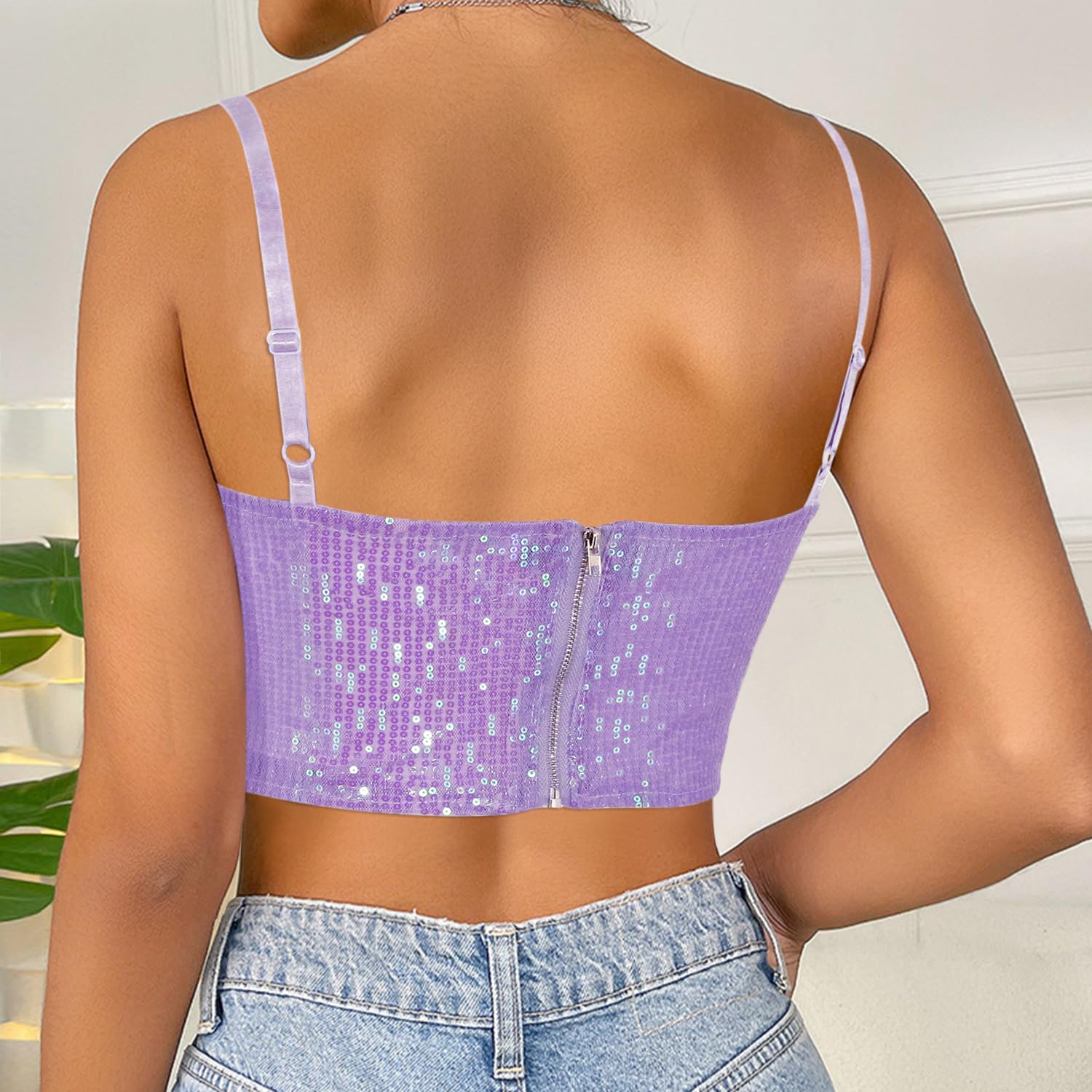 Segreto Camiseta de tirantes para mujer, con lentejuelas, sin mangas, tirantes finos, sexy, para festivales, fiestas, clubes
