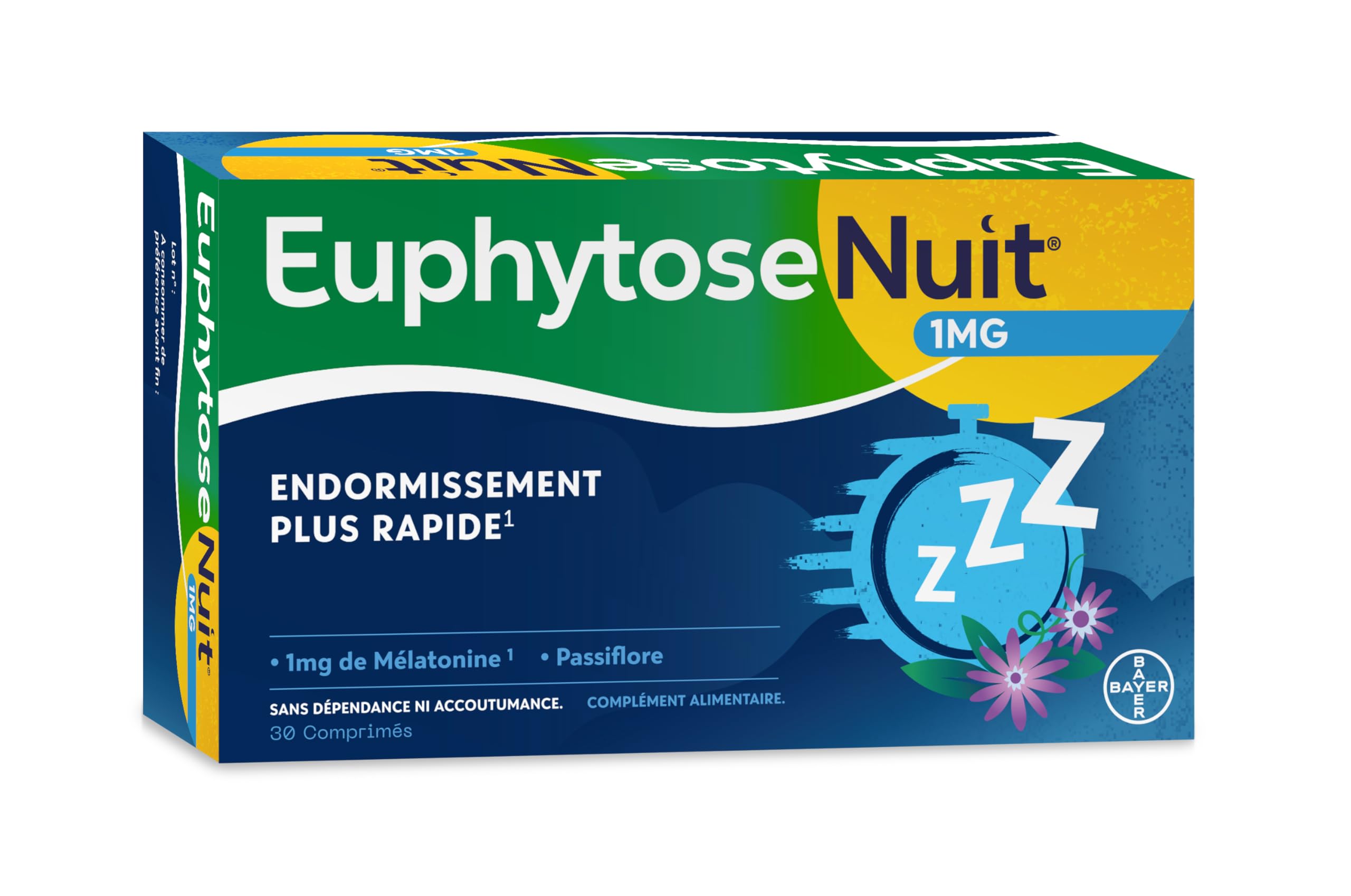 EuphytoseNuit® - Complément alimentaire adulte - Mélatonine 1mg - Endormissement plus rapide - Passiflore : Sommeil de qualité - 3 Packs de 30 Comprimés - 90 nuits de sommeil - Fabriqué en France