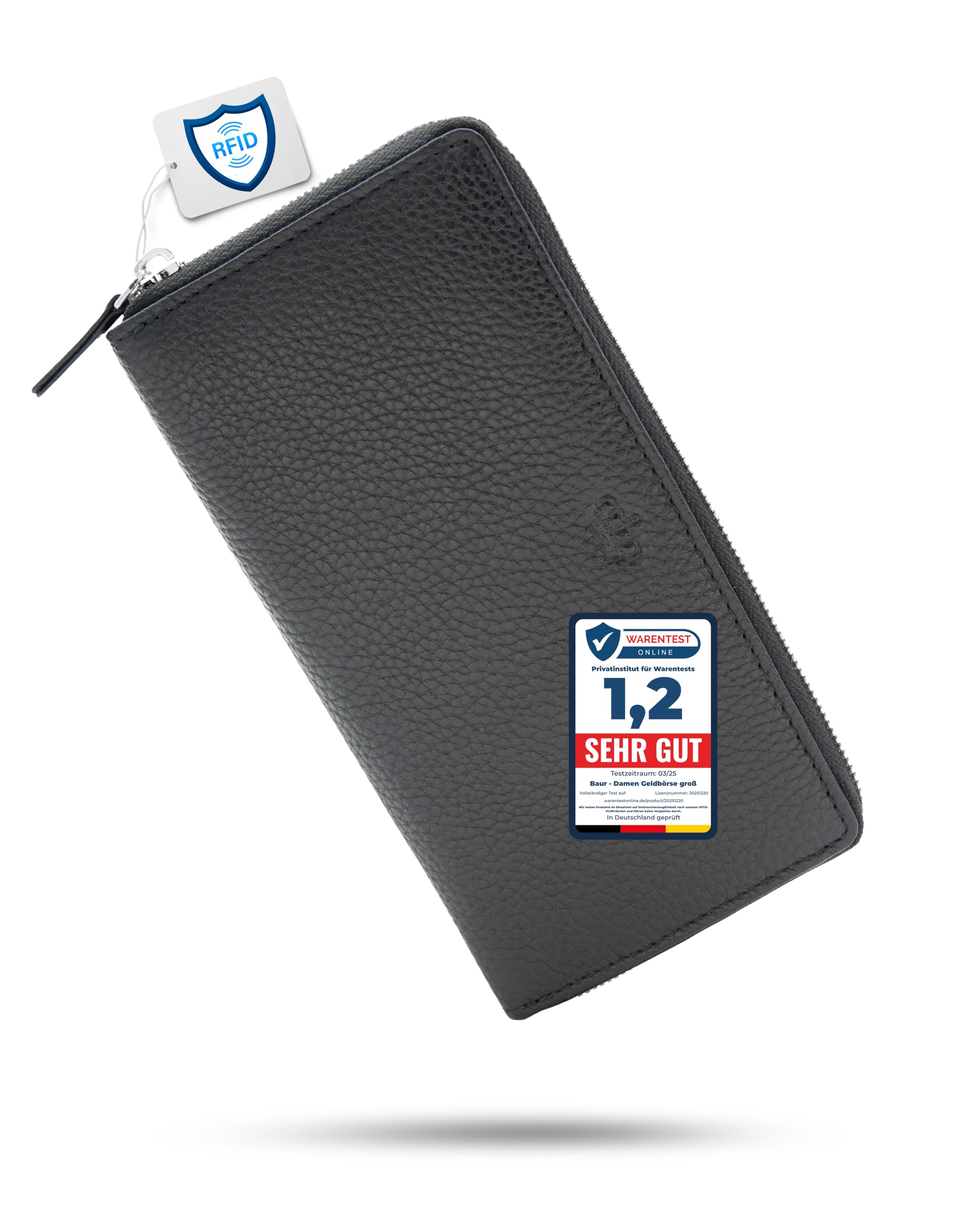 Baur - Cartera de piel auténtica para mujer | Cartera con protección RFID | Cartera grande con muchos compartimentos para tarjetas | Cremallera completa | Monedero para mujer, Negro , 19,7 x 10 x 2,5