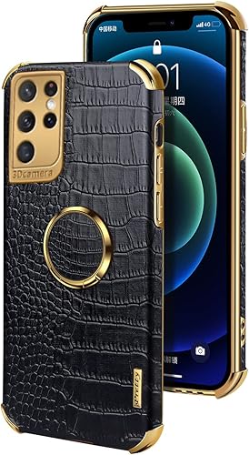 Miniatura 1 de aowner Funda de piel ultra fina para Samsung Galaxy S24, soporte de anillo de rotación de 360, patrón de cocodrilo de lujo, función atril con