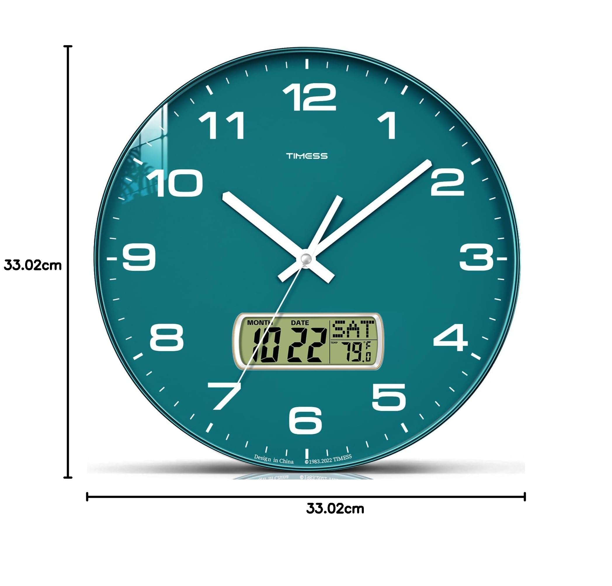TIMESS Orologio da parete da 33 cm, senza ticchettio, silenzioso, a batteria, analogico, con display LCD per calendario perpetuo e temperatura F, decorazione moderna ideale per casa, ufficio (verde)