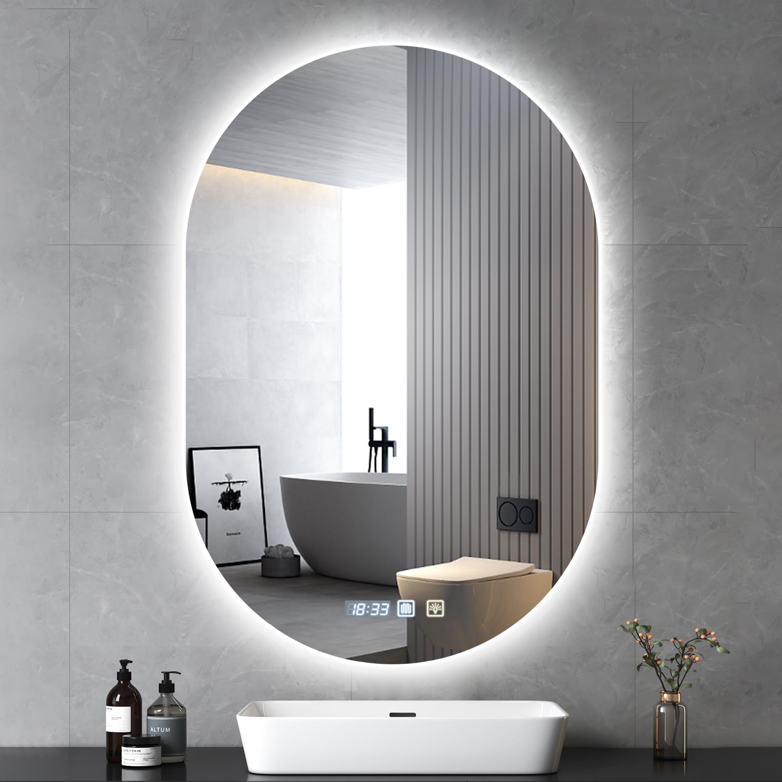 Espejo Baño LED Inteligente 70x50cm - Espejo con Luz y Antivaho, Temperatura de Color Ajustable, Atril para Secador, Luz de Pared Trasera y Función de Reloj - Espejo de Pared para Maquillaje y