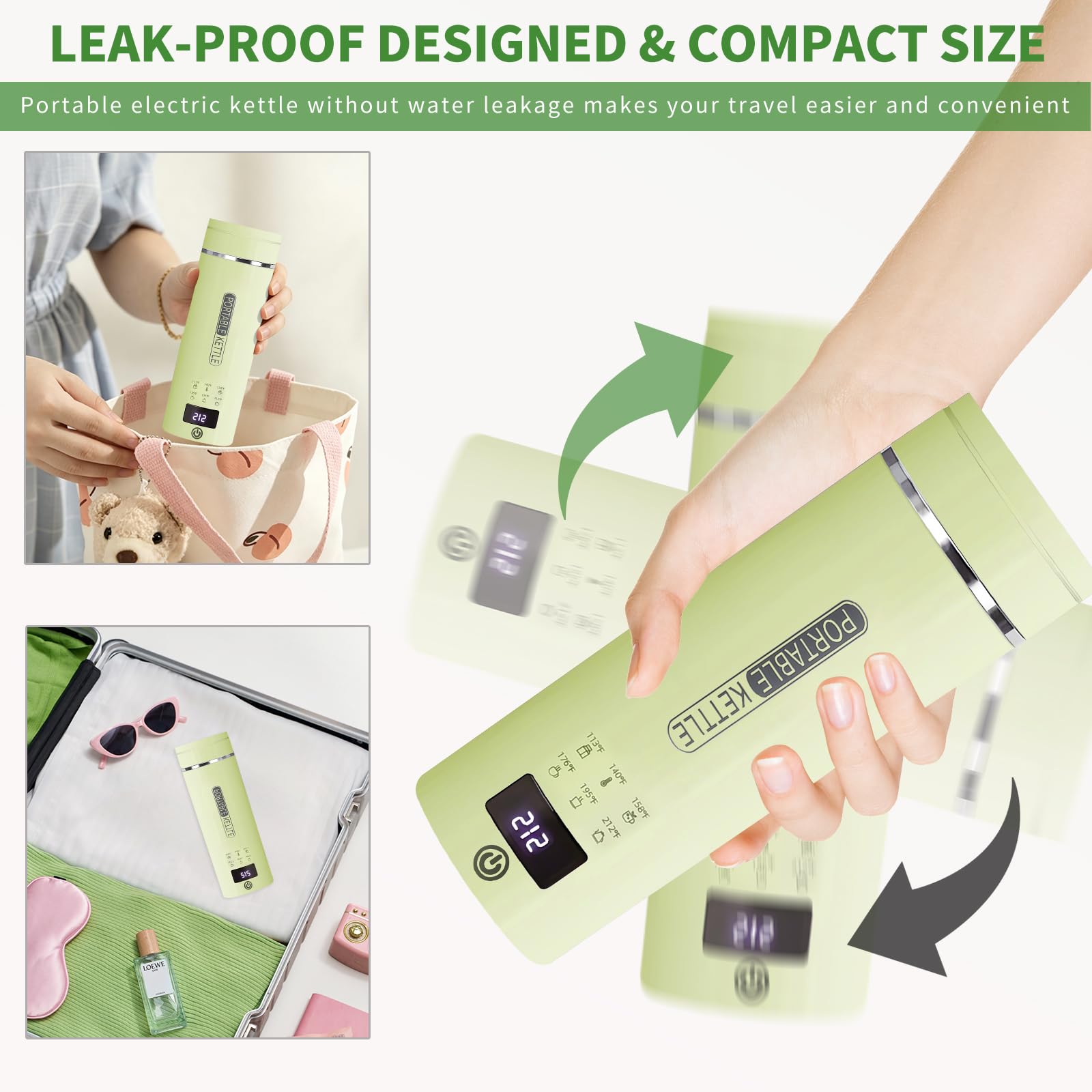 Bouilloire électrique de voyage verte avec écran LCD, 6 réglages de température, 450 ml, acier inoxydable 304, arrêt automatique et protection contre l'ébullition à sec, bouilloire électrique compacte