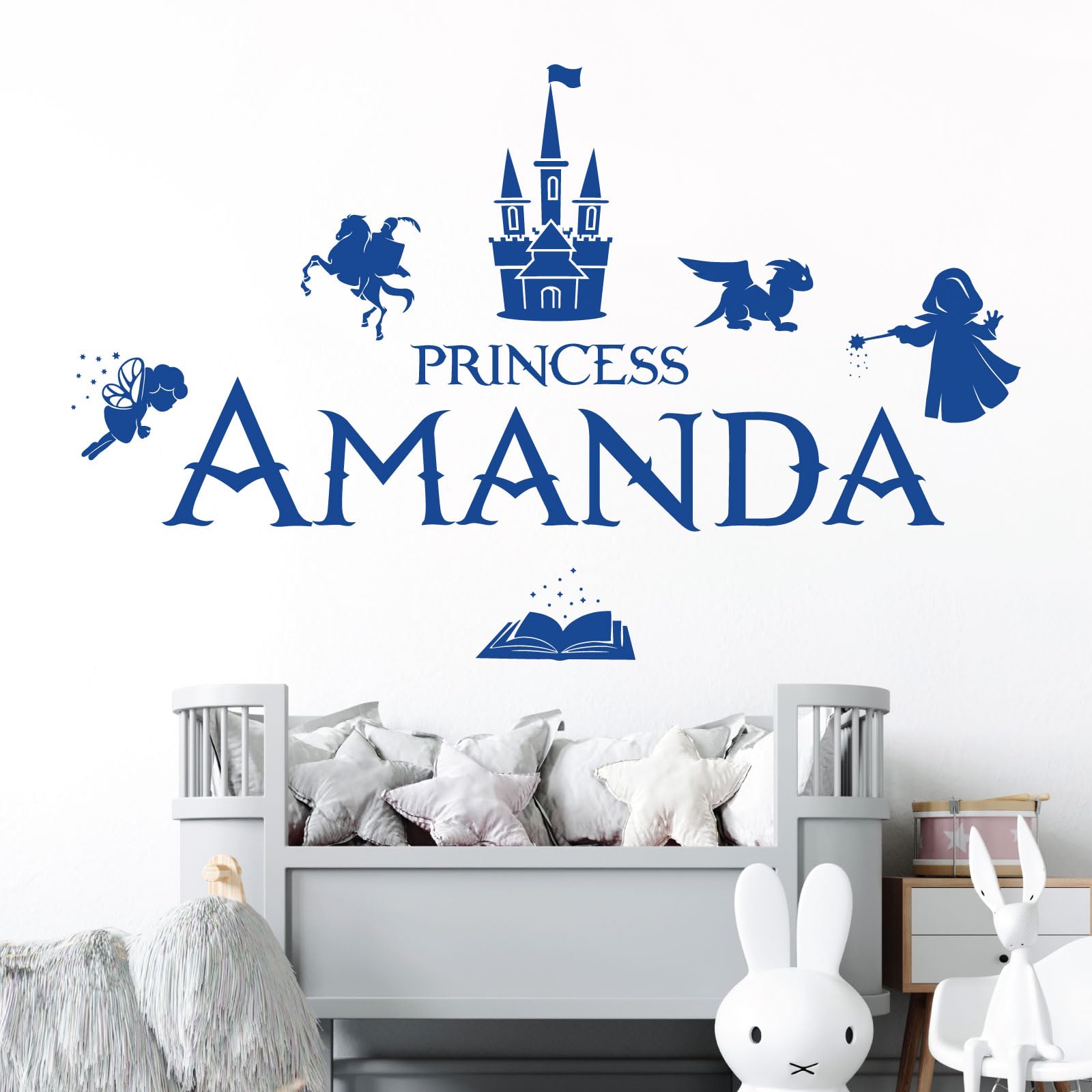 Personalised Name Girls Wall Art Sticker - Princess Castle Dragon Knight Magic Tale Wizard [Large] [Mid Blue]
