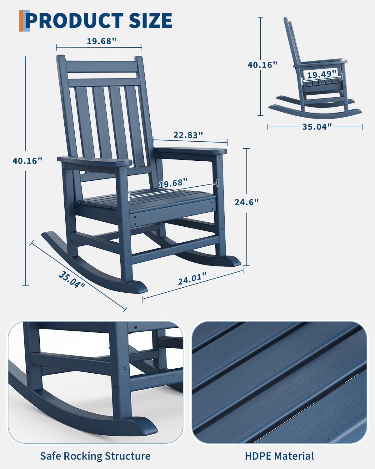 GarveeTech Silla Mecedora de HDPE para Jardín y Exteriores - Respaldo Alto, Estilo Adirondack, Resistente a Todo Clima, Diseño Ergonómico, Imitación Madera Ideal para Patio, Porche o Terraza - Azul