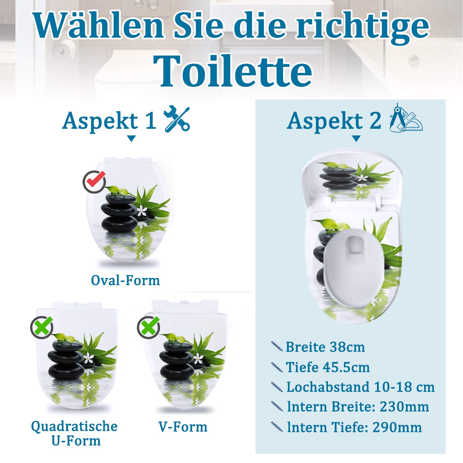 LARS360 Abattant WC Abattant de Toilette Fabriqué en Acier Thermodurci et Inoxydable Antibactérien Peut être Utilisé sur la Plupart des Couvercles de Toilettes, 45 x 38cm (Des Pierres)