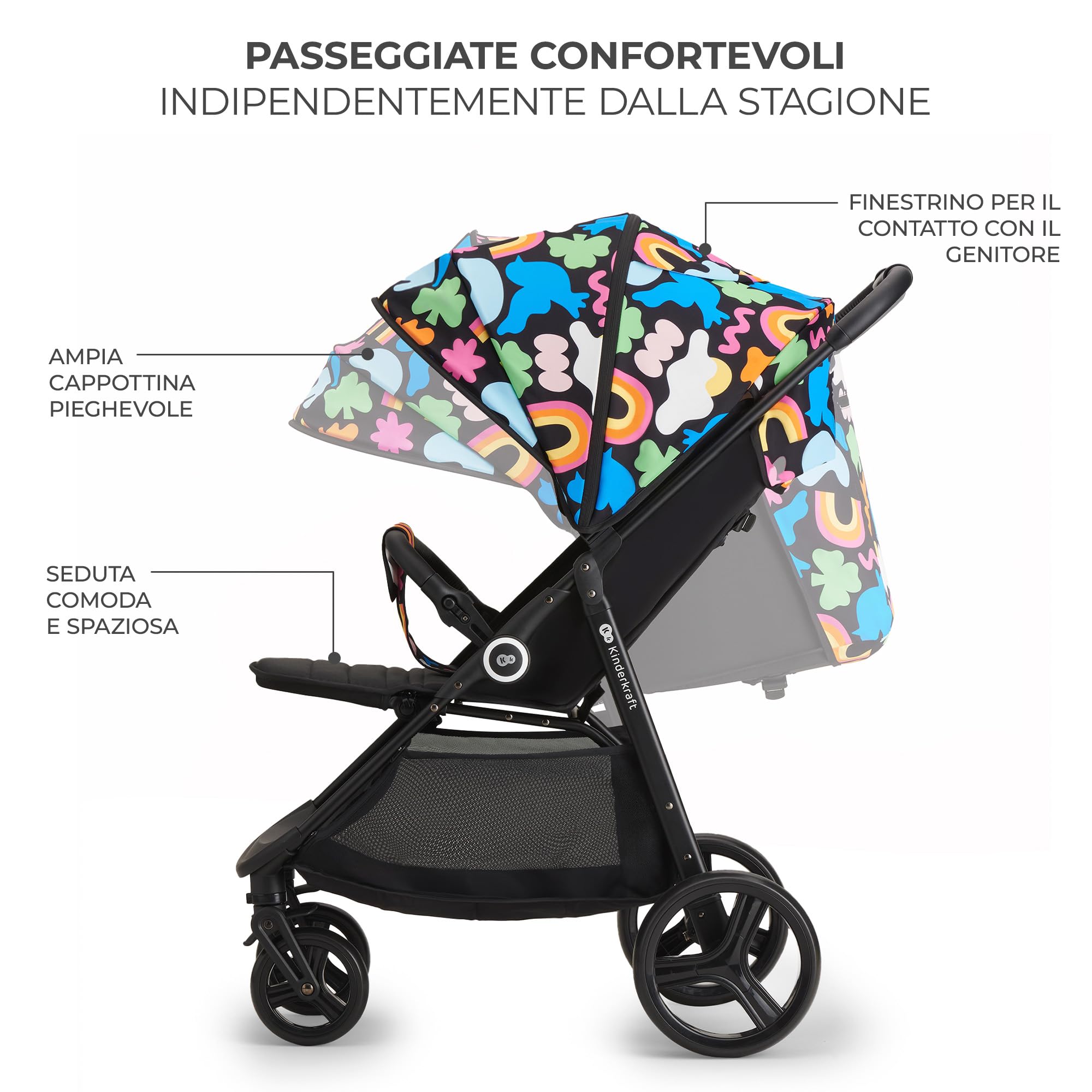 Kinderkraft GRANDE PLUS Passeggino Leggero dalla Nascita fino 22 kg, Pieghevole con una Mano, Posizione Sdraiata, L'ammortizzazione su Tutte le Ruote, Cappottina XL, Happy Shapes