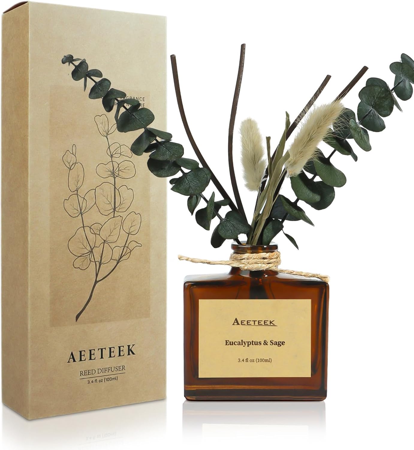 Aeeteek Reed Diffuser, Sage & Eucalyptus Essential Oil Diffuser for Bathroom, 3.4 oz Scented Diffusers, Long-Lasting Fragrance for Home Decor with Dried Flowers