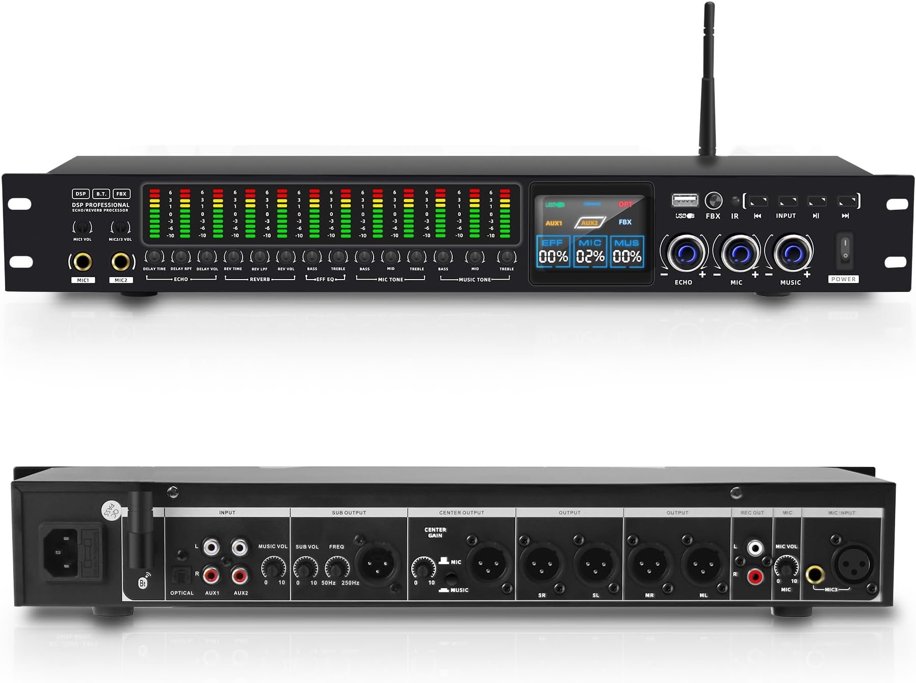 K-6 Professional KTV Digital pre-stage Effector Anti-howling Audio Processor Karaoke Mixer Reverberator with DSp effect echo USB MP3 Bluetooth optical.4 microphone input With remote control