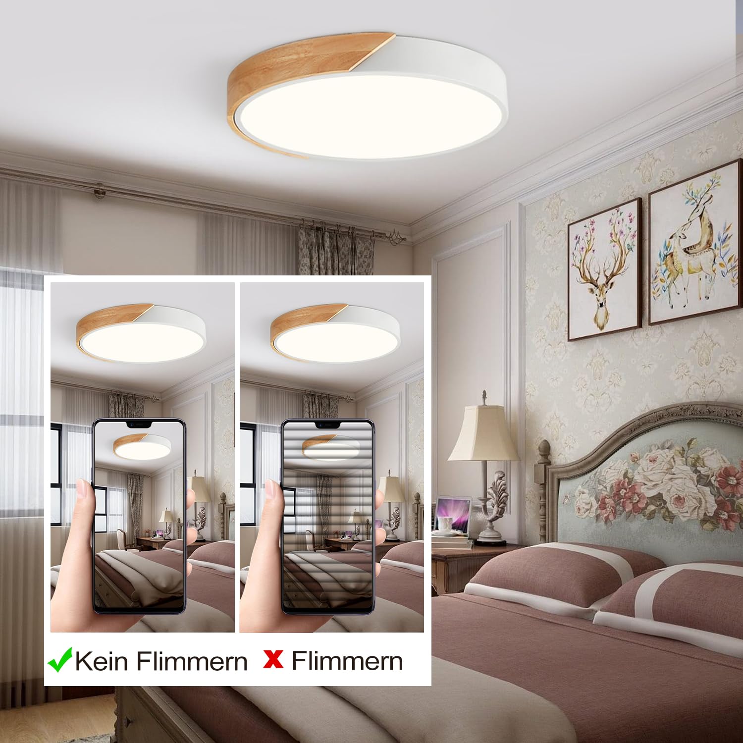 Glamexx24 Holz LED Deckenleuchte Deckenlampe Flach Rund Holz Lampe Ø50cm 3000-6000K 50W 4000LM dimmbar mit Fernbedienung für modern schlicht Schlafzimmer Wohnzimmer, Küche, Esszimmer