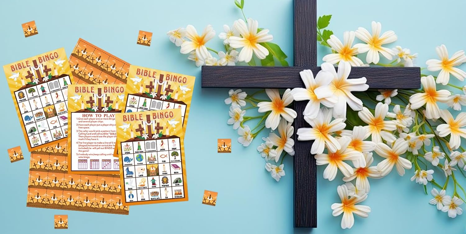 FLYAB Bible Bingo Game for Kids Adults - 26 Players Christian Bingo Card Religious Game Activities for Family Vacation Bible School Sunday Church Family Open Day Holiday Supplies