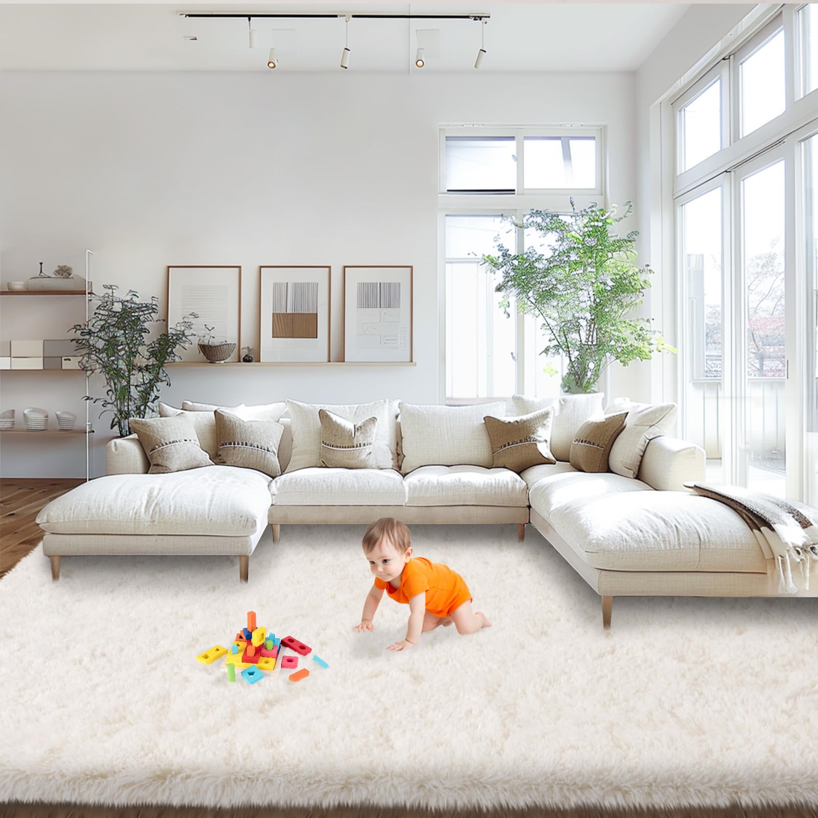 Photo 1 of Mugorn Area Rugs 9x12 Living Room, Large Fluffy Cream White Area Rugs for Bedroom, Soft Carpet Shag Kids Room Rug, Non-Slip Fuzzy Rugs Indoor (9ft x 12ft, Cream White)