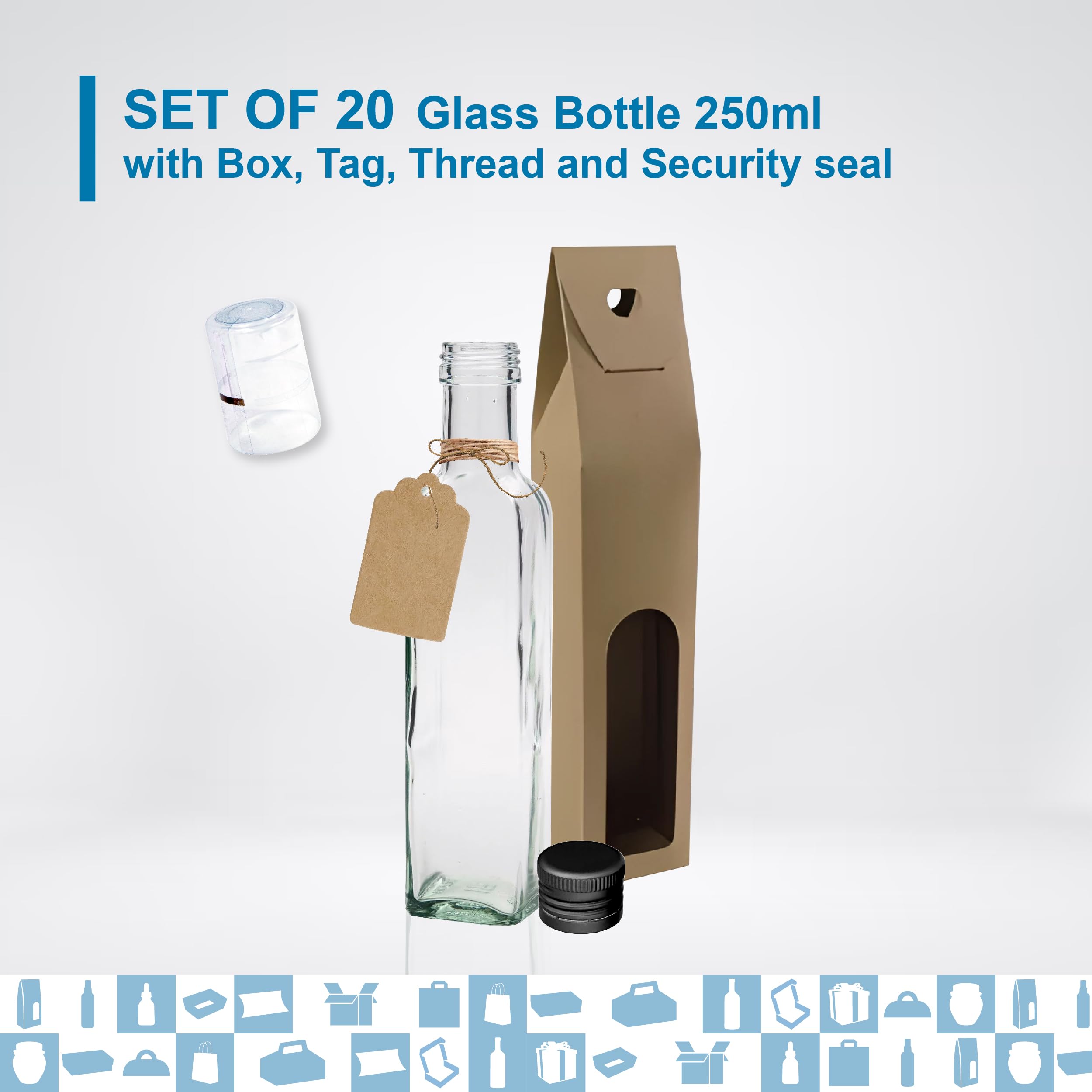 Espirito Rebelde 20 Bottiglie in Vetro 250ml con Tappo a Vite Nero + 20 Scatole + 20 Sigilli + 20 Etichette Kraft + Corda | Olio d'Oliva, Aceto, Alcool, Salse | Oliera in Vetro