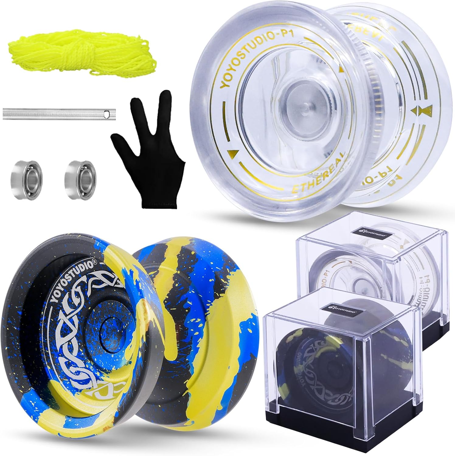 YOYOSTUDIO Responsive Yoyos Pack - Metal Yoyo F25 + Plastic Yoyos White, Professional Yoyo for Kids 8-12 & Adults Dual Mode Yo-Yos with 10 Yo-Yo Strings, Unresponsive Yo Yo Bearing Kit, Case