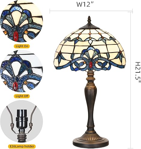 Miniatura 3 de TL0003 Tiffany - Lámpara de mesa de mesita de noche, lámpara de escritorio barroca azul de lectura de 12 x 21.5 pulgadas para dormitorio, sala de