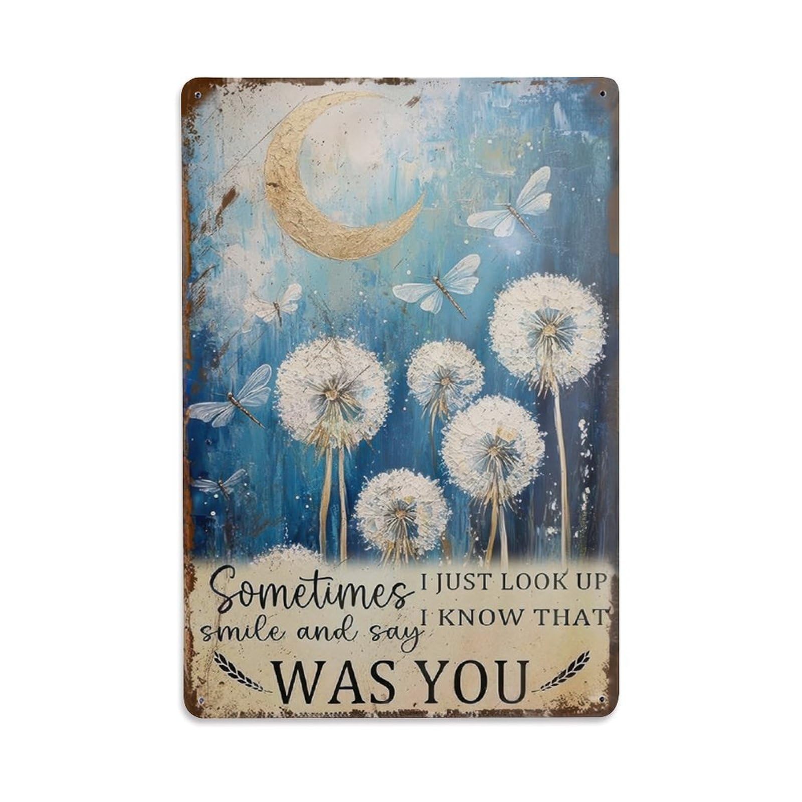 Dandelion Moon Dragonfly Memorial Quote Decor Sign Vintage Aluminium Metal Sign, Retro Wall Decor for Home, Bar, Garage & Farmhouse 30x20cm