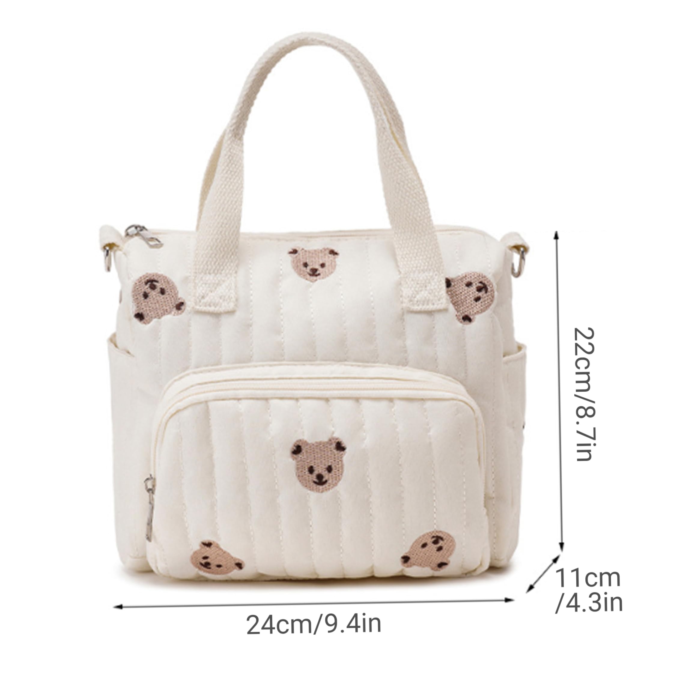 Borsa piccola per pannolini trapuntata con ricamo orso bianco 9,4x8,7x4,3 pollici